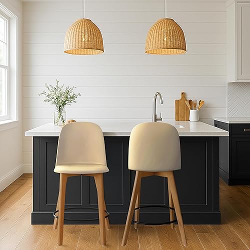 2xhome Juego de 2 taburetes de bar de altura de mostrador | Asiento de plástico moldeado moderno de mediados de siglo | Patas de madera maciza con