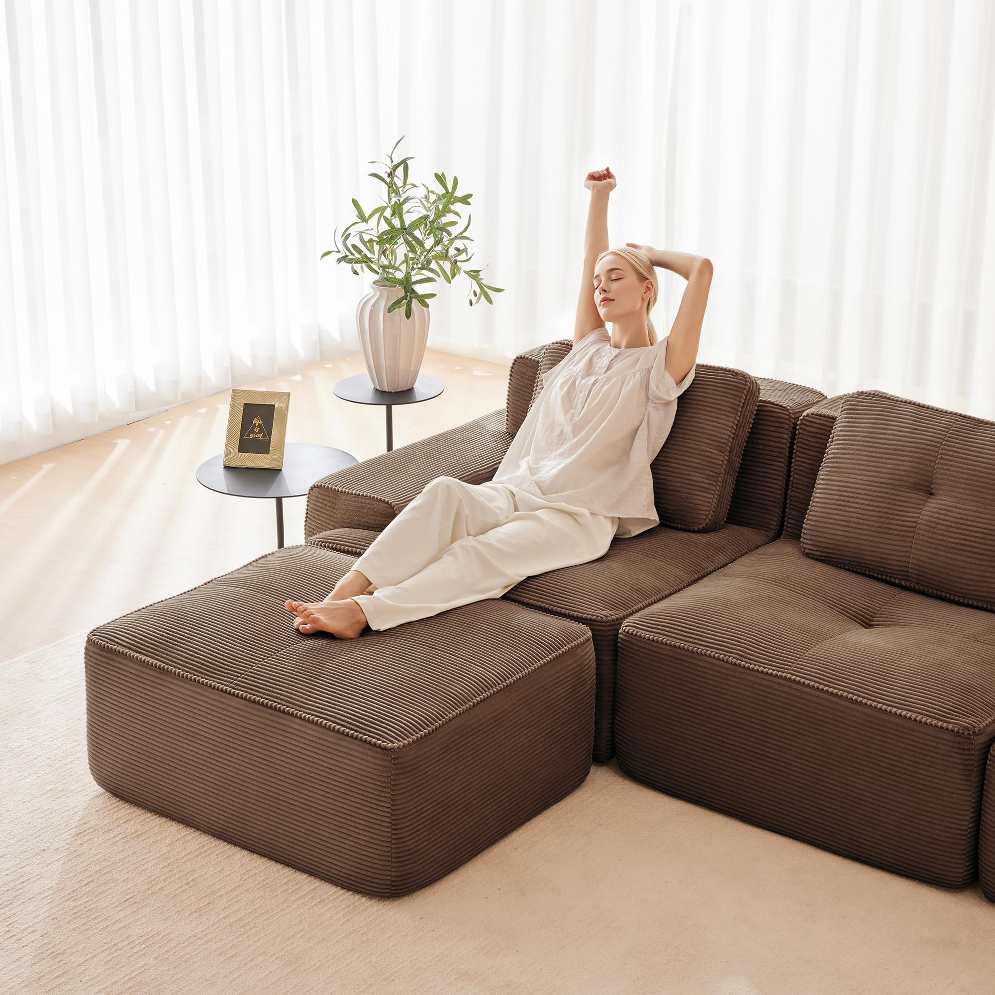 Boneless Sofá modular, moderno para salón con asiento bajo de 74 cm, sofá de pana, sofá tapizado en la nube combinable, para salón (marrón, 2S)