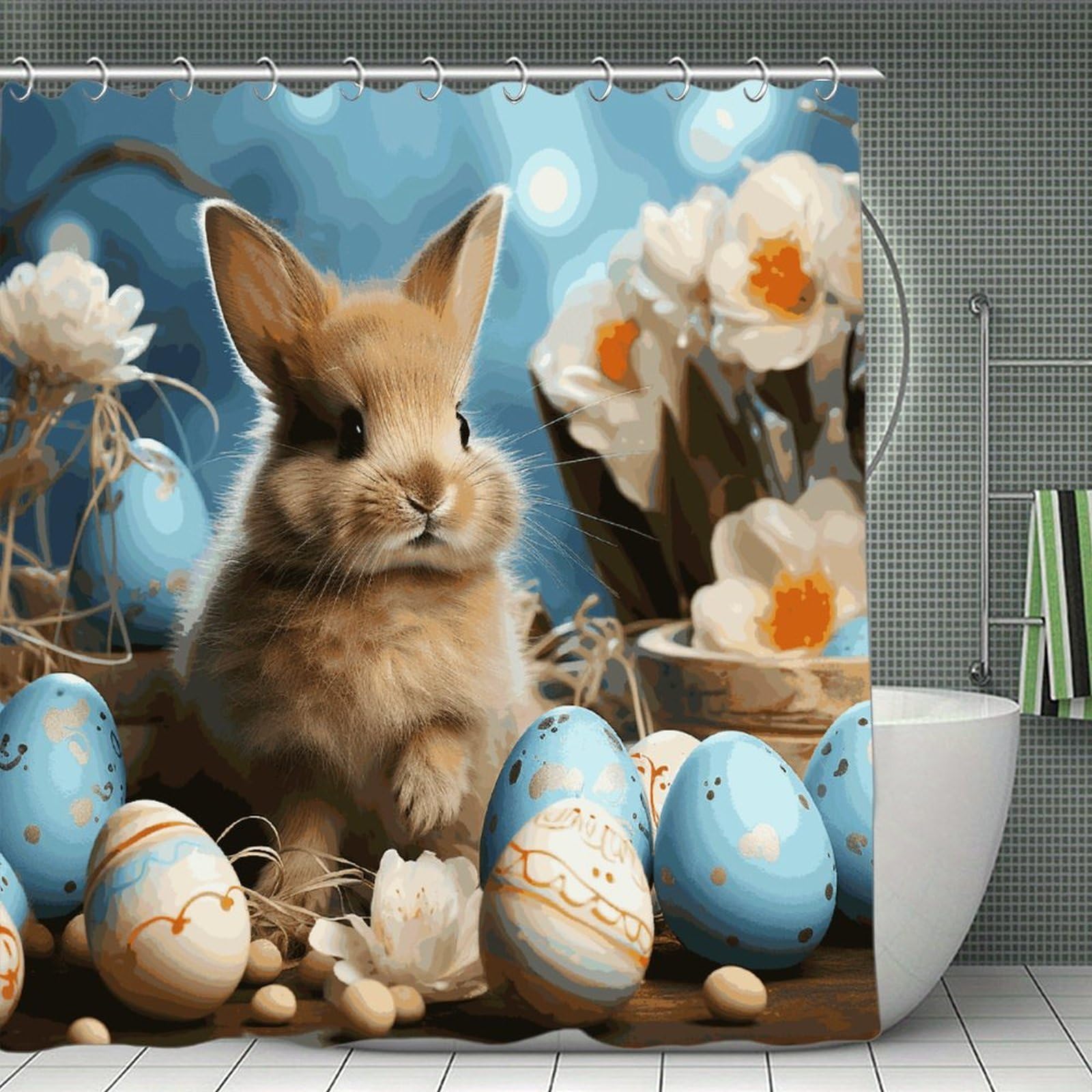 FekiLoot Cute Easter Eggs Rabbit Shower Curtain with Hooks Modern Farmhouse Bathroom Curtain Waterproof Cloth Bath Curtains Cute Washable Blackout Privacy Curtains for Bathroom Bathtub 70.8"x70.8"