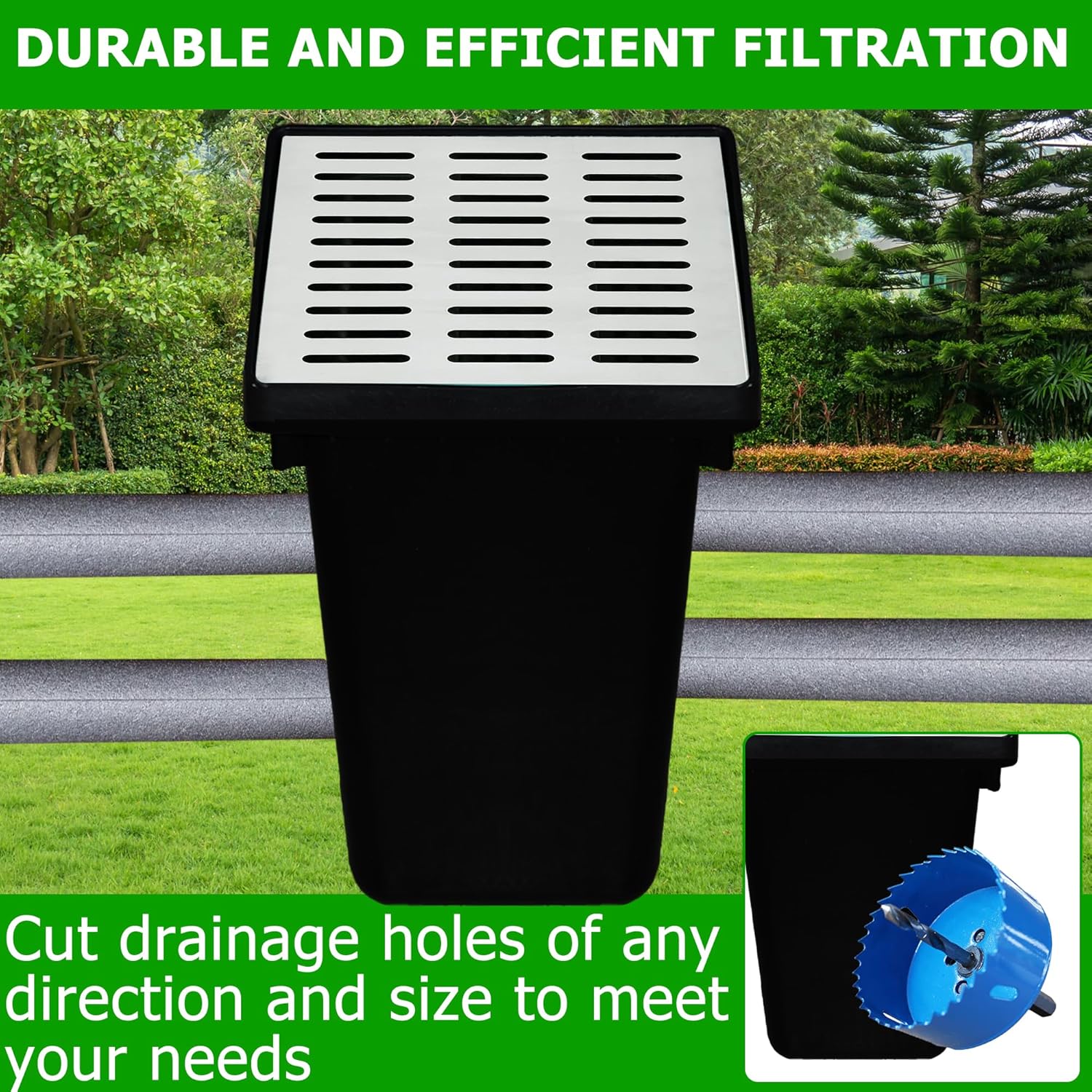 18x18x24 in Large Catch Basin with 304 Stainless Steel Grate,Catch Basin for Drainage with Debris Basket,French Drain Catch Basins Without Pre Drilled Holes are Suitable for Courtyards (18x18x24 in)