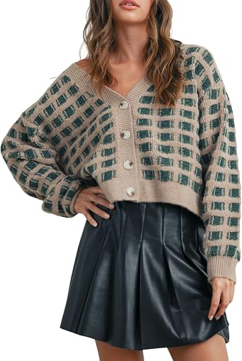 Esmeling Womens V Neck Plaid Cardigan Sweater Button Down Long Sleeves Cropped Knit Outerwear