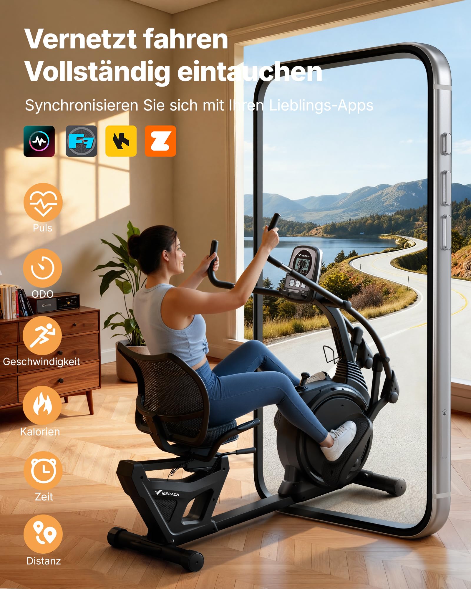 MERACH Liegeergometer für Zuhause mit 8 verstellbaren Widerstandsstufen, leichte kommerzielle Heimtrainer Fahrrad mit Smart Bluetooth, exklusiver App-Konnektivität, LCD-Display, Herzfrequenzsensoren
