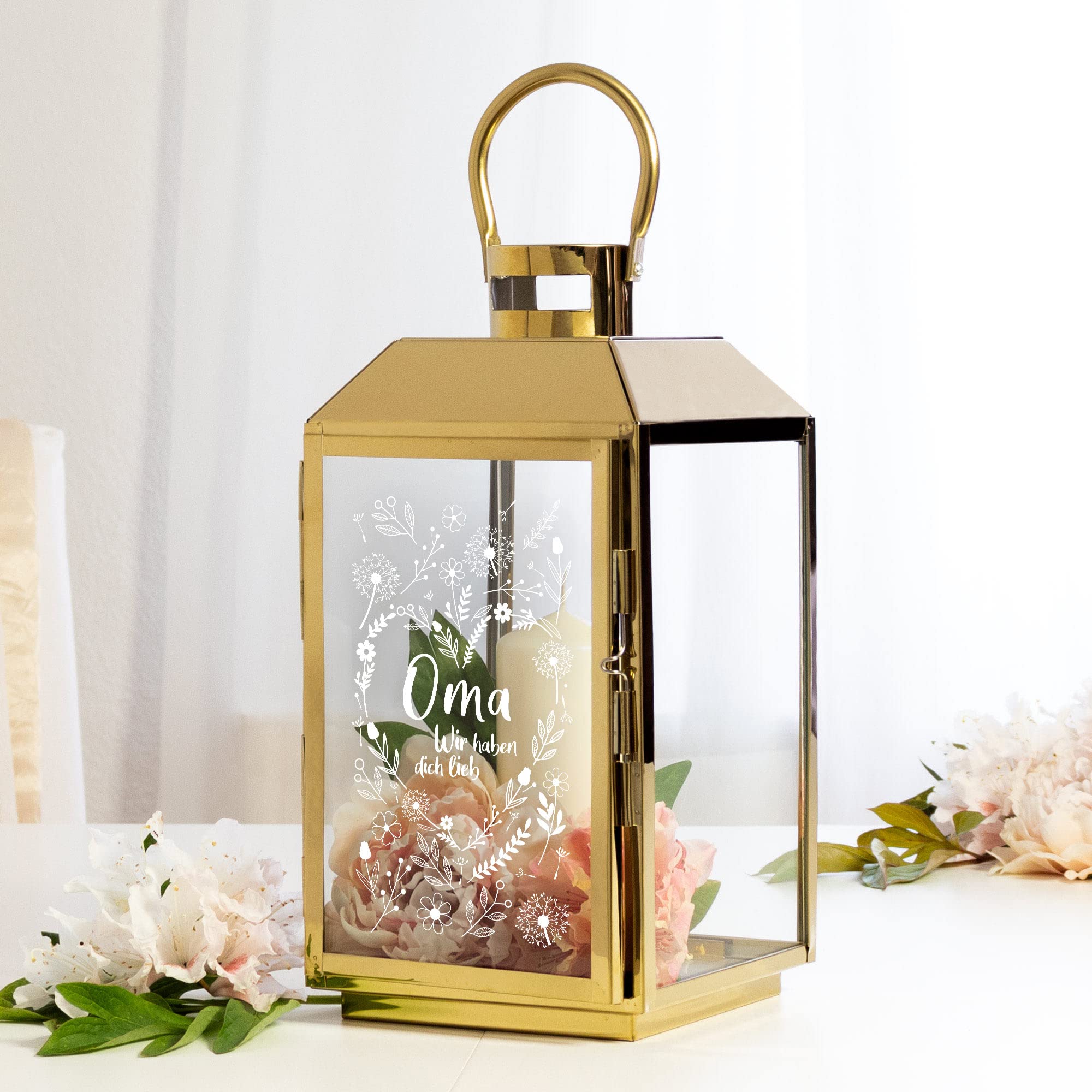 Laterne mit Gravur für Oma, Deko Kerzen Windlicht, Geschenk für Oma, Outdoor Garten Dekoration, Gravierte Edelstahl Laterne, Vintage Terrassen Beleuchtung, Wetterfeste Gold Gartenlaterne