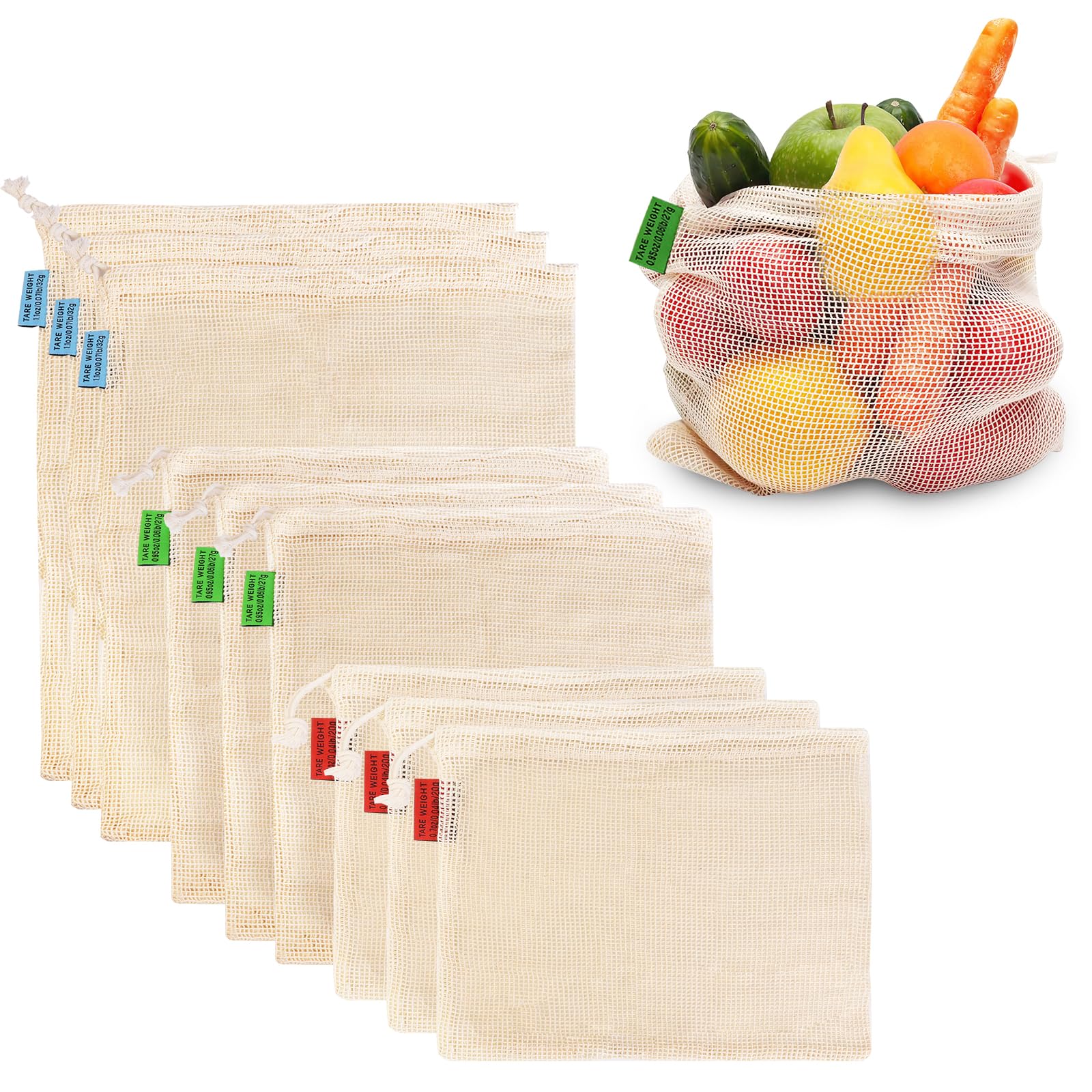 Ycsst 9 Pack Reusable Produce Bags, Cotton Mesh Vegetable & Fruit Bags for Grocery Shopping, Washable Eco Friendly Produce Storage, Reusable Grocery