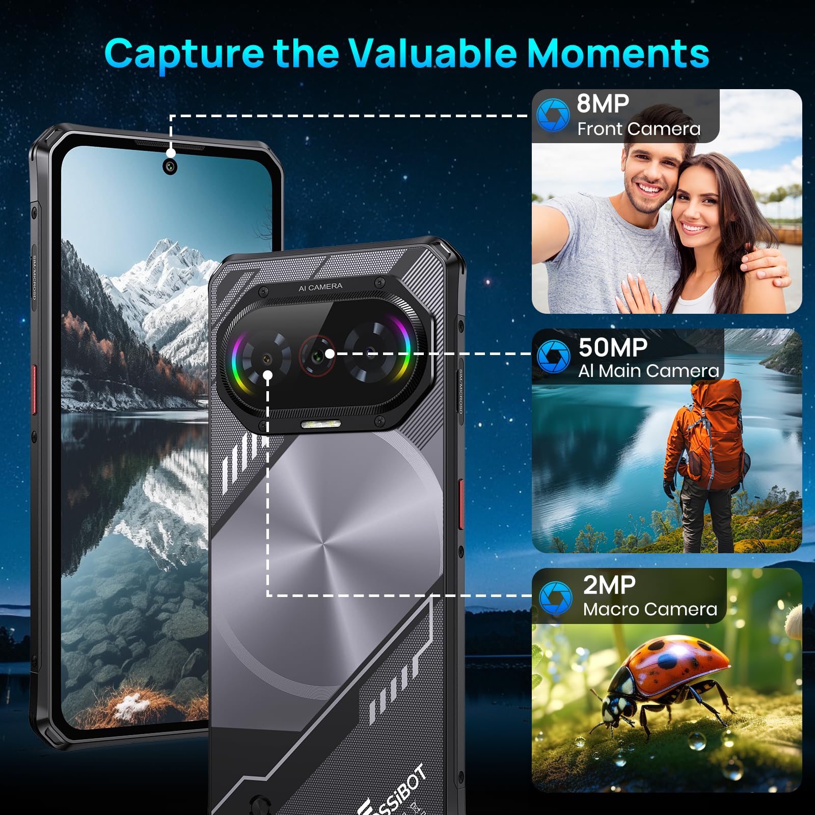 FOSSiBOT F114 Téléphone Portable Incassable Android 15, 16Go+128Go/2 to TF Smartphone, 50MP Caméra, 6,67'' HD Écran Musique Breathing Light Telephone de Chantier - Dual SIM/GPS/NFC/Face ID (Noir)