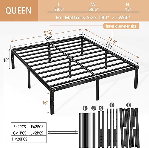 Miniatura 3 de Marco de cama de metal de 18 pulgadas, no necesita somier, espacio de almacenamiento debajo de la cama, base de marco resistente, antideslizante,