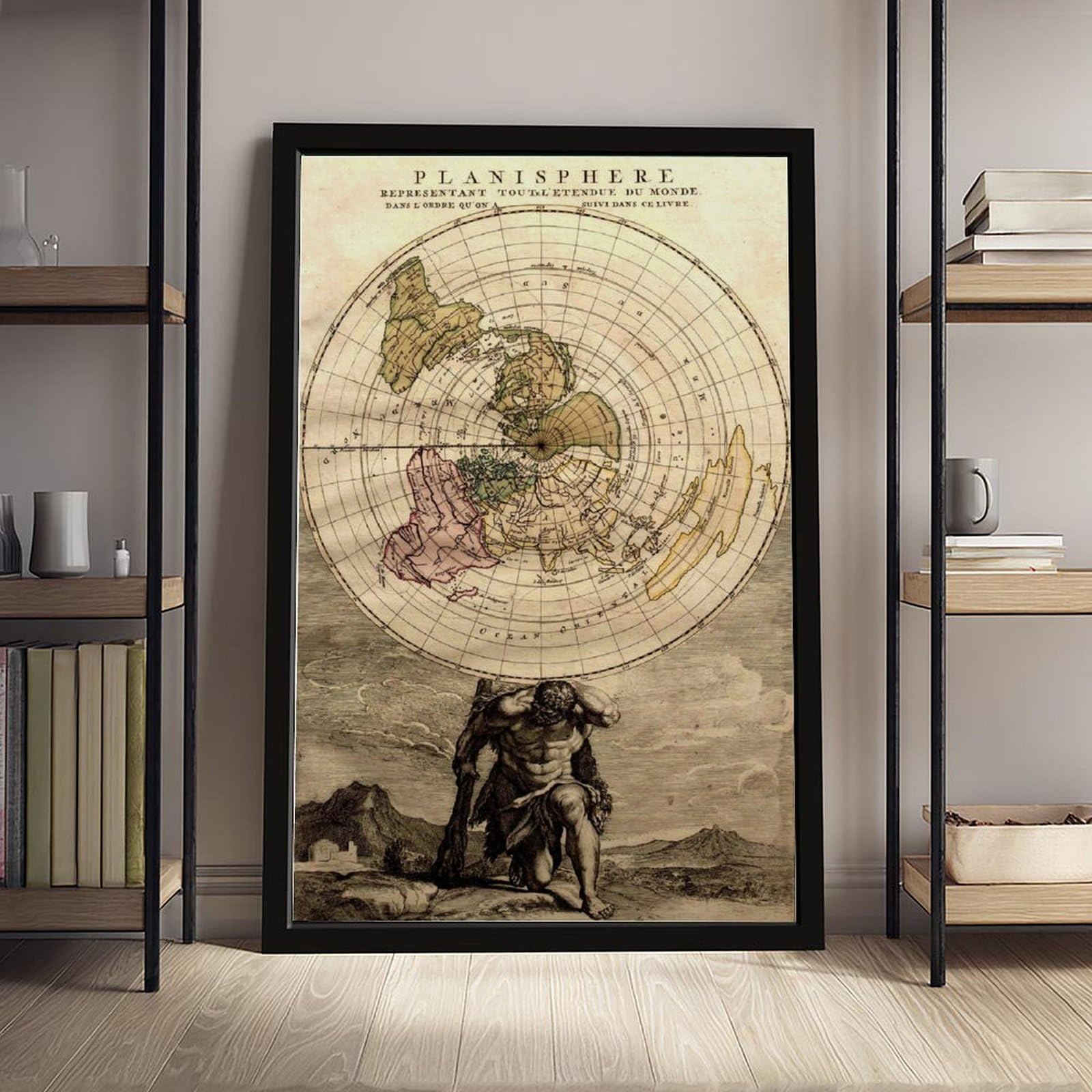 WCYB Flache Erde Planisphere Weltkarte Vintage 1715 – Louis Renard – Azimutel Äquidistant Poster Drucke Leinwand Deko Gemälde Wandkunst zum Aufhängen Rahmen 40,6 cm L