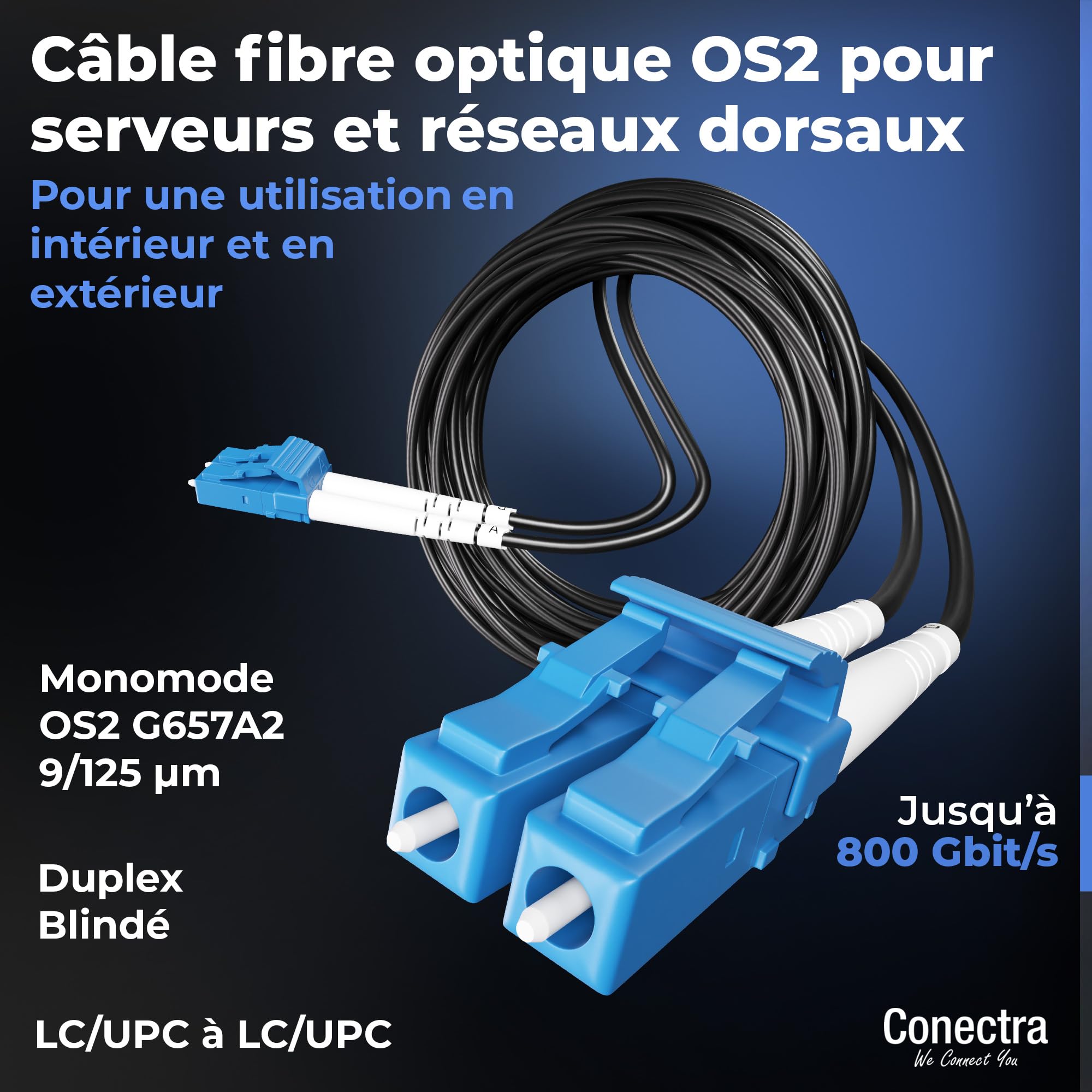 300m Câble Fibre Optique Blindé OS2 Duplex Breakout LC/UPC, Jarretière Optique Monomode G657A2 9/125, LSZH Intérieur/Extérieur, Rallonge Fibre Armée Cordon Patch Câblage Réseau ⌀3mm Noire