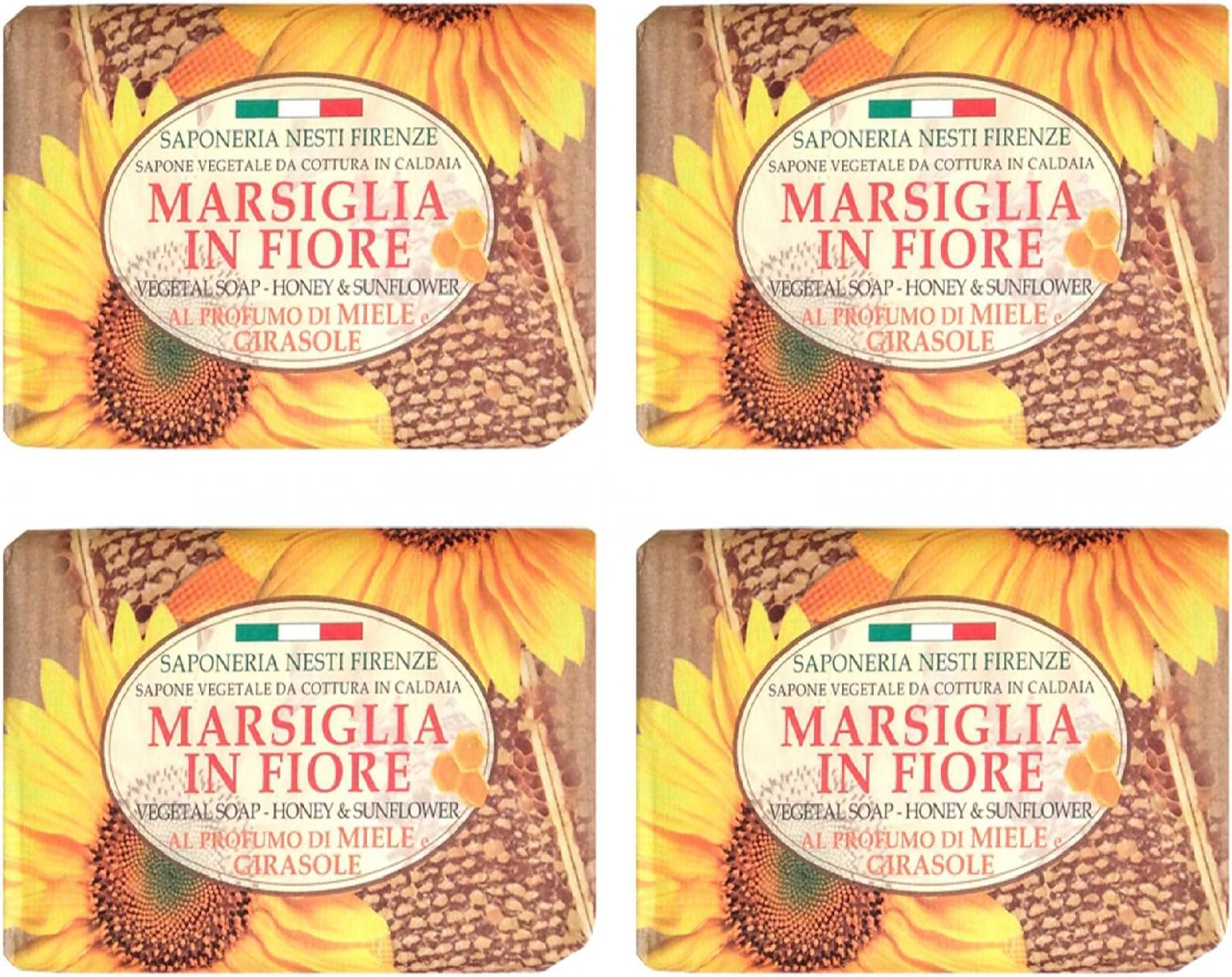 "Marsiglia in Fiore" Natural Soap, honey and sunflower Scent 4.4 Ounces (125gr) Packages (Pack of 4) [ Italian Import ]
