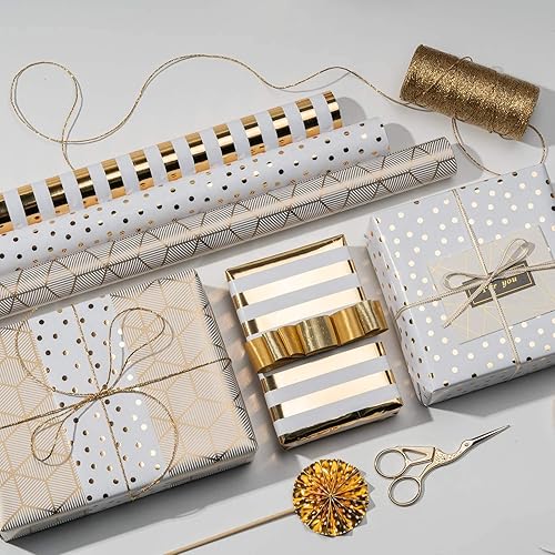 Miniatura 4 de MAYPLUSS rollo de papel de regalo, pequeño rollo, 17 x 120 pulgadas por rollo, 3 diseños diferentes de color dorado y blanco (42.3 pies cuadrados)