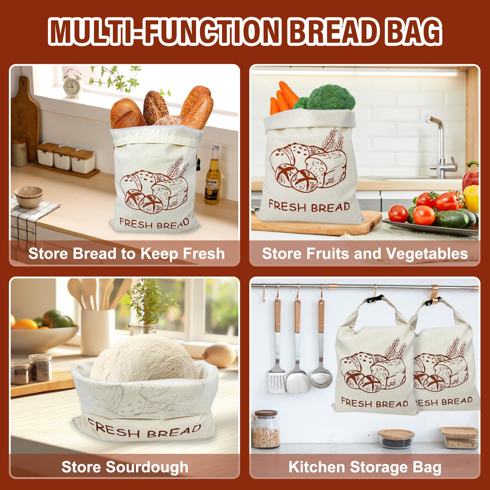 Bolsas de pan reutilizables para masa madre casera, paquete de 2 bolsas de pan de lino con forro de TPU