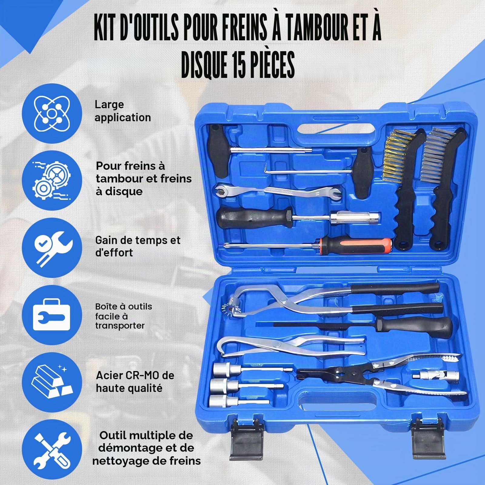 Lot de 15 outils pour tambour de frein de voiture - Kit d'outils de changement et de nettoyage pour systèmes de frein à disque et tambour - Montage d'atelier