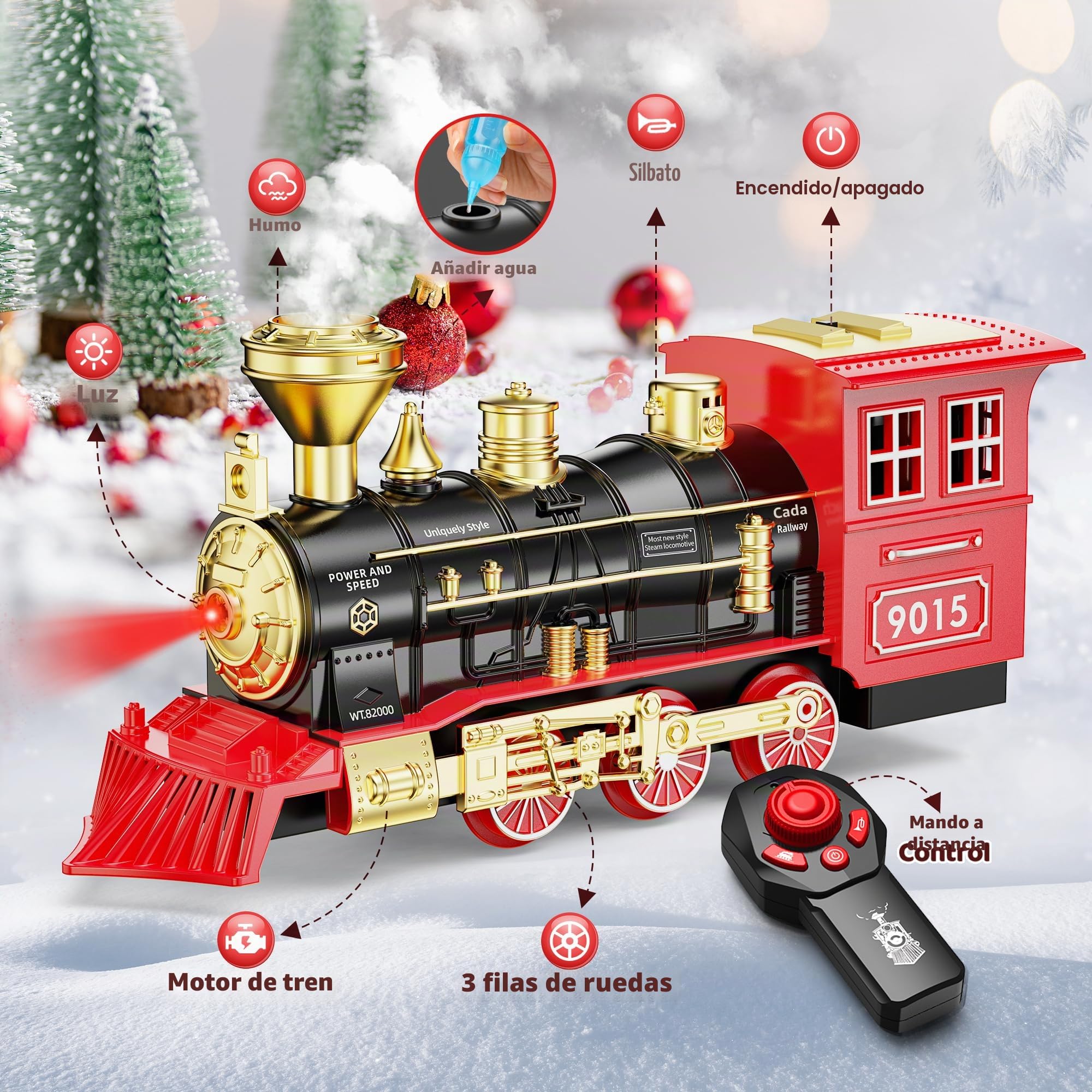Hot Bee Juego de tren de control remoto, juego de tren de Navidad para debajo del árbol, tren eléctrico para niños y adultos, juguete de tren de vapor con humo