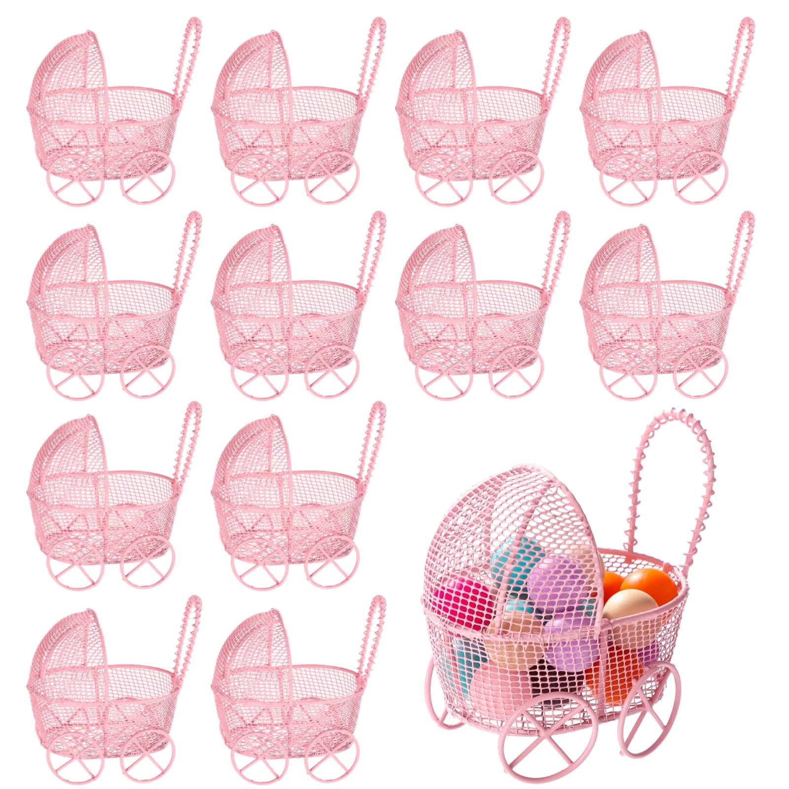 12 cochecitos rosa de hierro de 3.1 pulgadas para recuerdos de bautizo y centros de mesa vintage 7