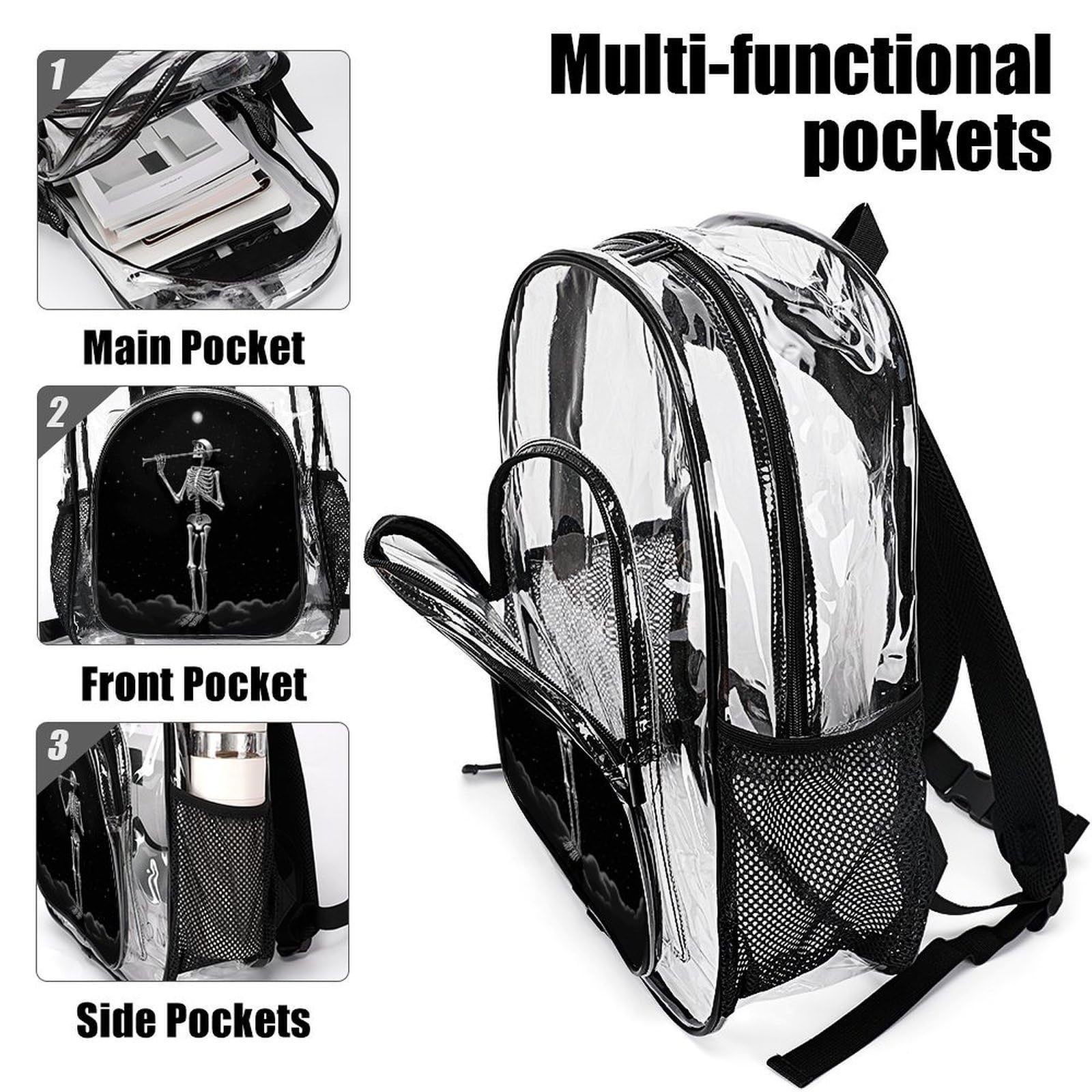 Transparenter Rucksack, Motiv: Skelett in der Nacht, groß, transparent, PVC, Büchertasche für Sicherheit, Arbeit, Reisen, Stadion