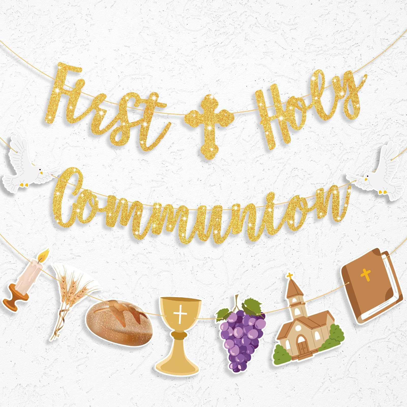 First Holy Communion Decorations Gold Banner - Religious Party Decor with Cross and Dove - Elegant Sacrament Banner for Church Events (3-Piece Set)