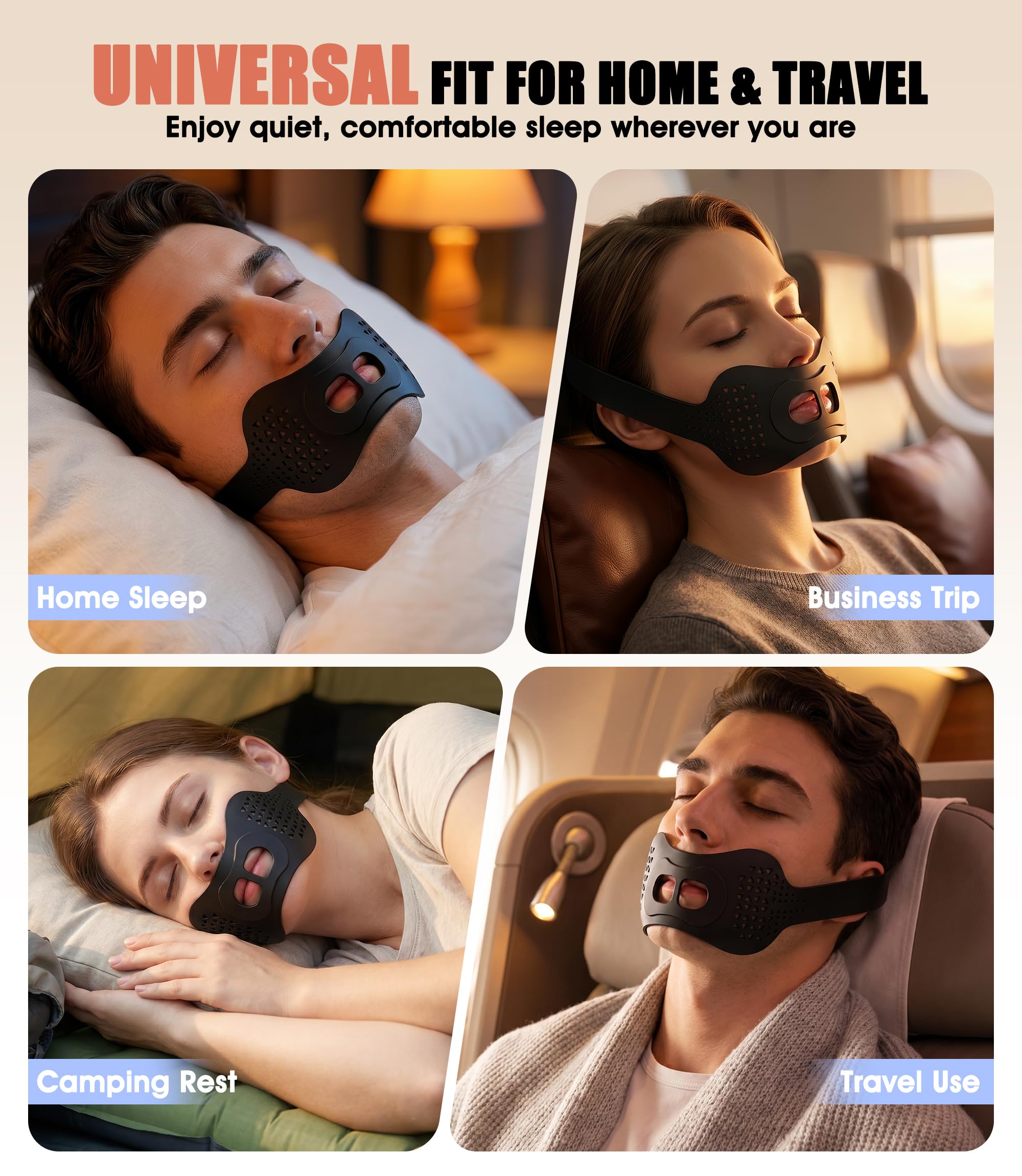 Cinta bucal para dormir, Sonnorel 1 unidad Cinta bucal premium para dormir, Banda de silicona antironquidos, Sujeción óptima incluso con barba [Tamaño universal cómodo 47-60 cm], Negro