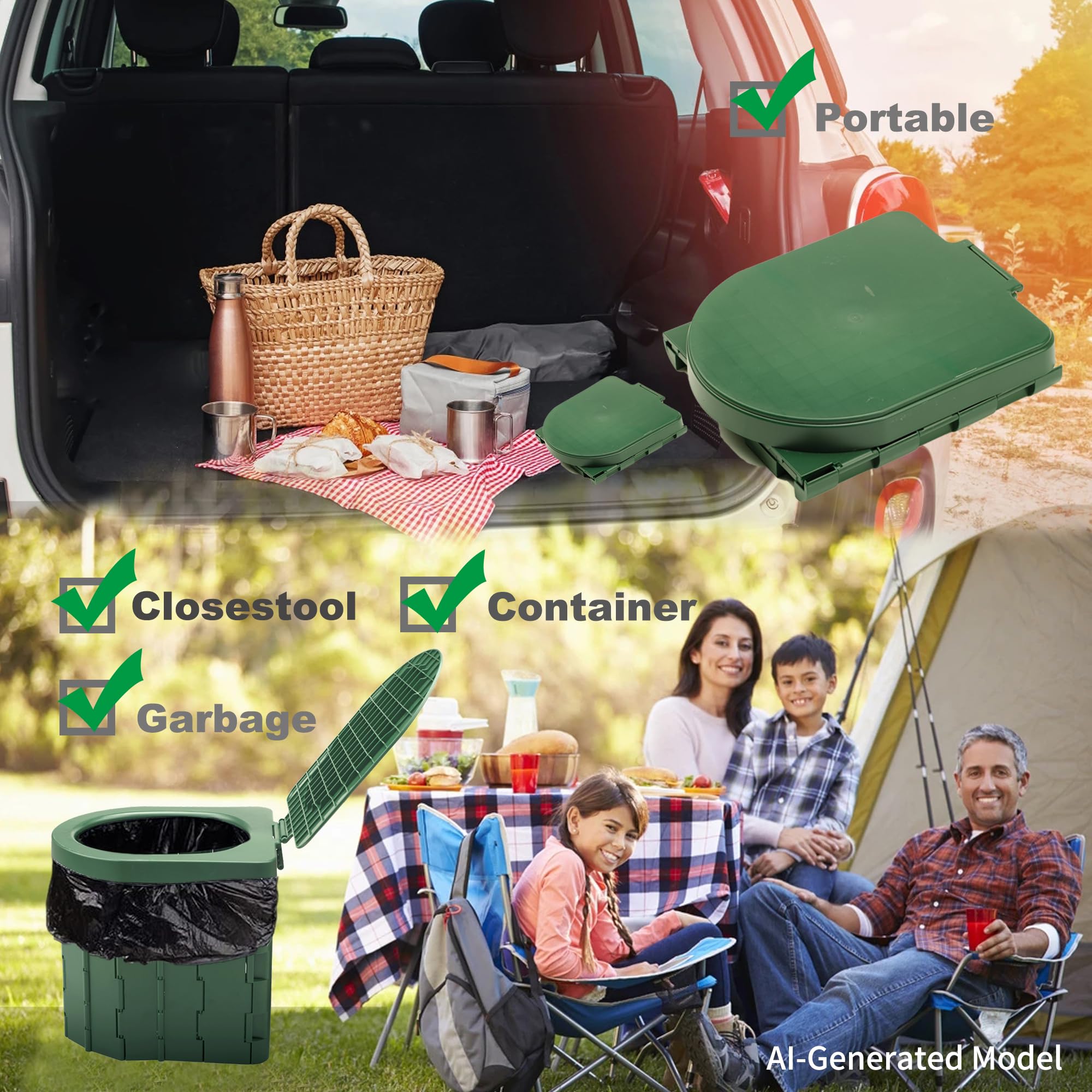 KINSPORY Toilette Portable Camping, Urinoir Unisexe pour Voiture | Toliet pour Hommes et Femmes, Seau Hygiénique pour Voiture (Vert, avec Couvercle)