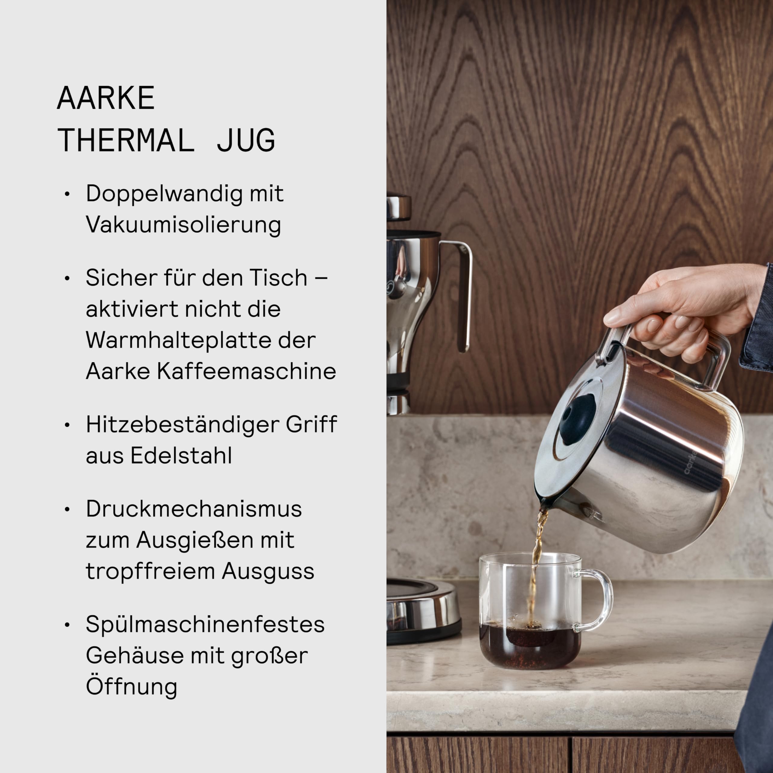aarke Isolierkanne – Thermokaraffe aus Edelstahl, doppelwandige Konstruktion, kompatibel Kaffeemaschine, 10 Tassen Fassungsvermögen 1.25L