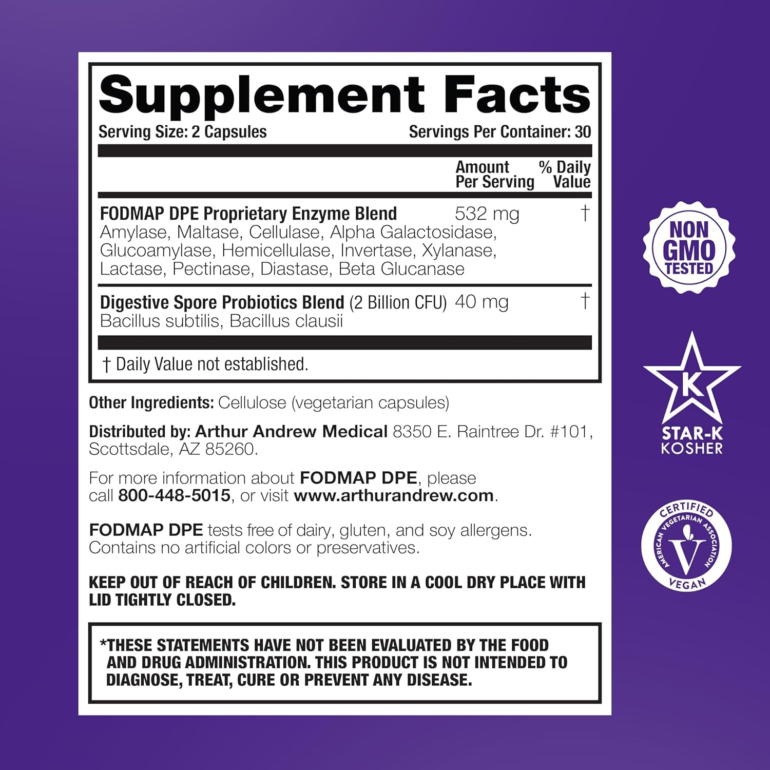 Arthur Andrew Medical - FODMAP DPE, Digestive Probiotics and Enzymes, Relief for FODMAP Intolerance and Highly Fermentable Foods, Vegan, Non-GMO, 60 Capsules