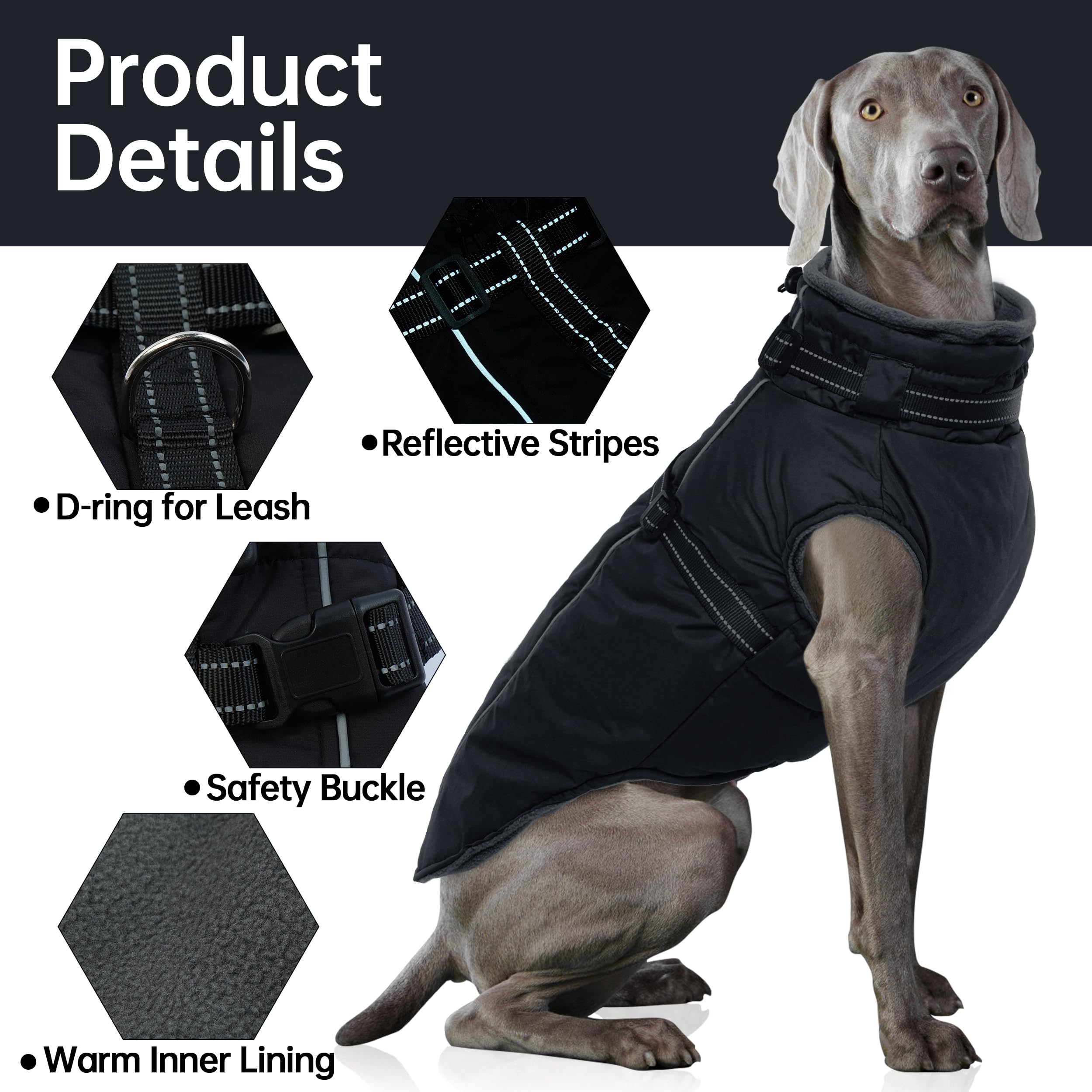 PUMYPOREITY Dog Coats for Large Dogs, Warm Winter Jacket with Built-in Harness, Reflective, Waterproof, Fleece Lined, Labrador, Black, XL