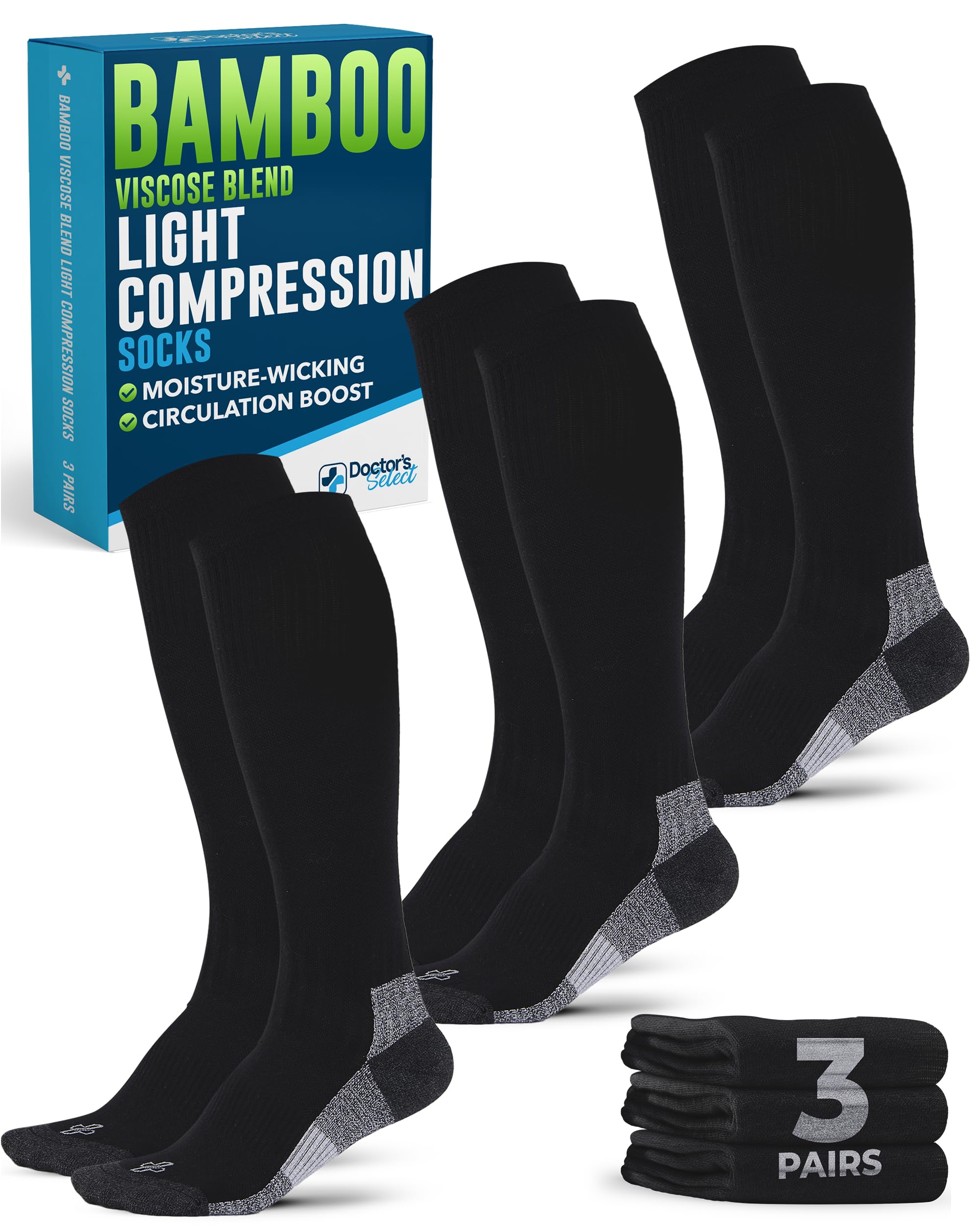 Doctor's Select® Bamboo Viscose Light Compression Socks for Women &amp; Men - 3 Pairs, 8-15 mmHg Compression Socks, Knee High
