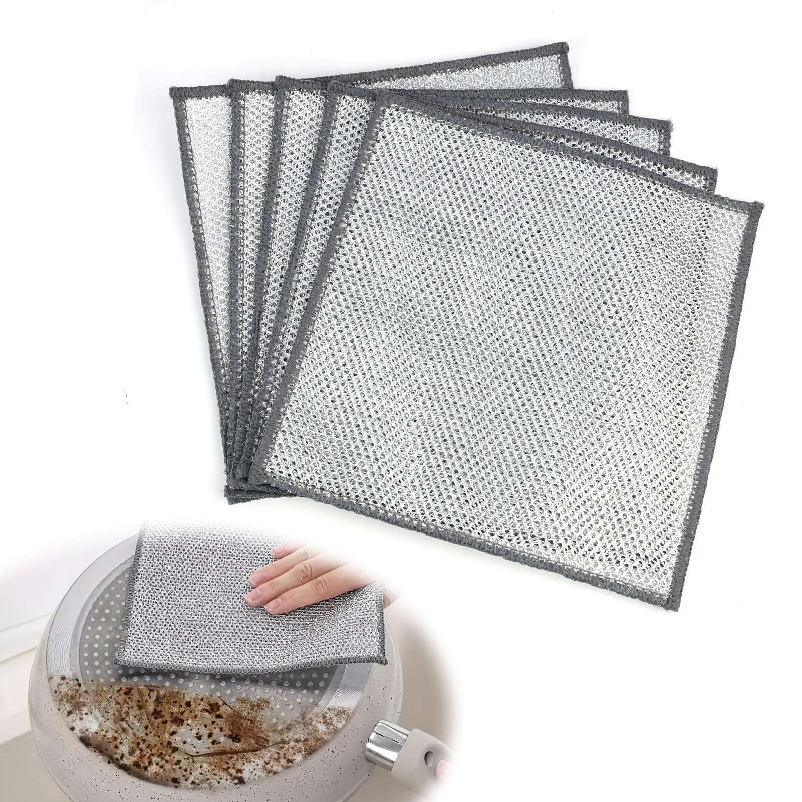 Godtkowty Silvery 5-Pack Double Layer Stainless Steel Dish Cloths, 20X20 Cm Non-Scratch Cleaning Rags For Kitchen, Dishes, Sinks, Stove Tops