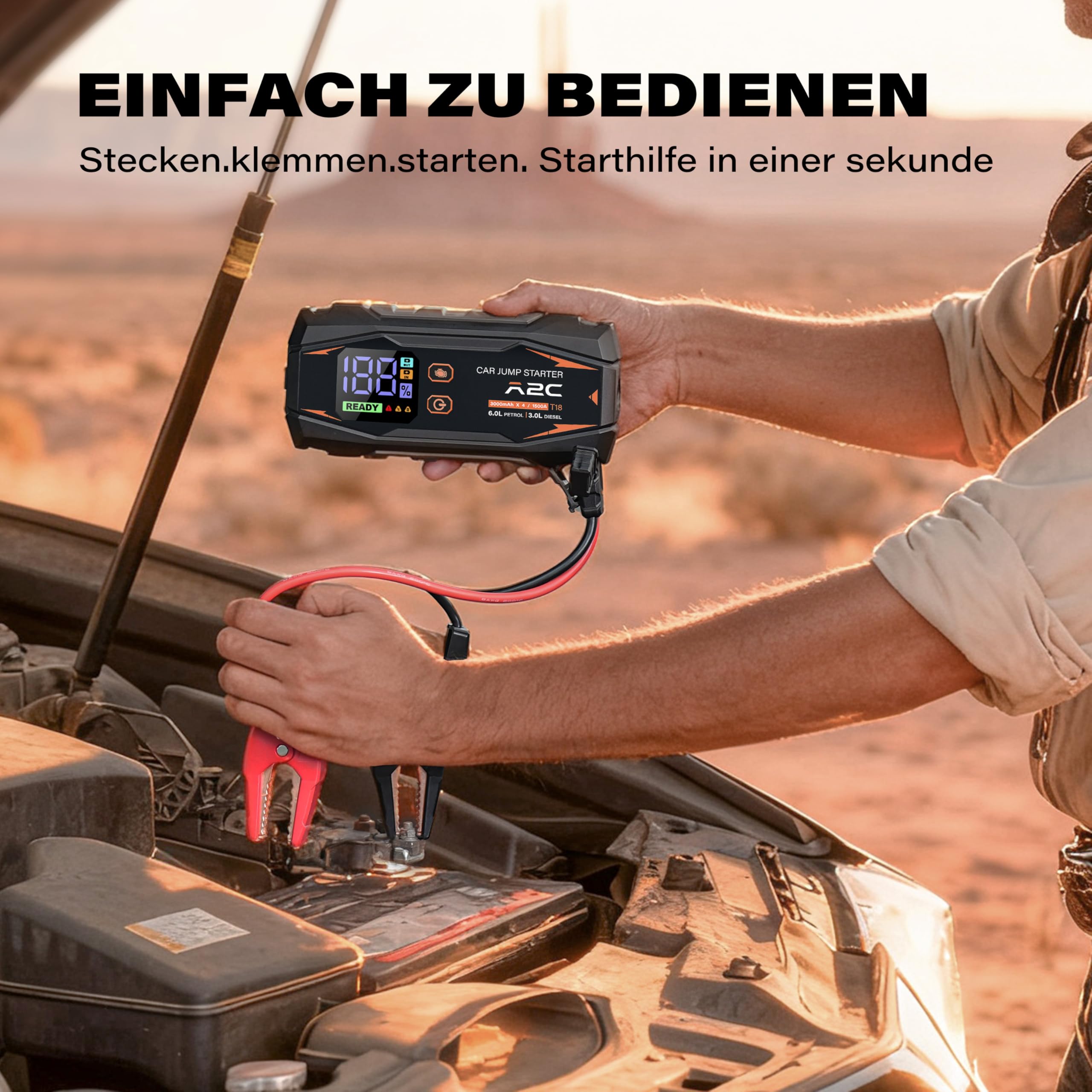 A2C Starthilfe Powerbank, 12V starthilfe powerbank für pkw(bis zu 6L Benzin/3L Diesel), 16800mAh Power Bank(PD/QC 3.0) mit 3 USB, Auto starthilfe mit Starthilfekabel, Mit LED-Anzeige und Licht | 3 USB-C-Anschlüsse, Schnellladung PD/QC 3.0, LED-Display, in