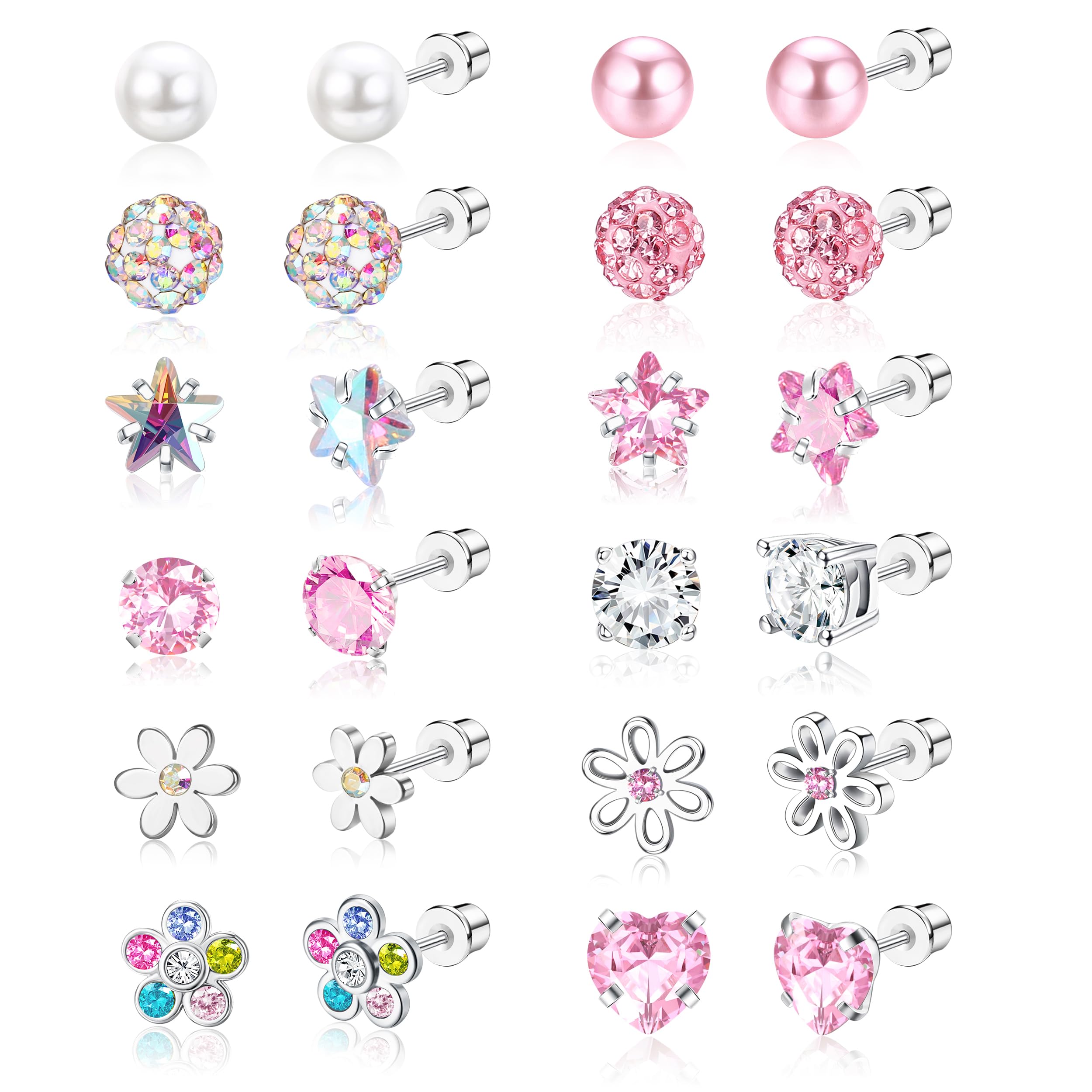 Small Earrings Set - Stainless Steel Cute Stud Earrings with Butterfly, Flower, Heart Zirconia Designs - Multicolored, Hypoallergenic, Screw Back