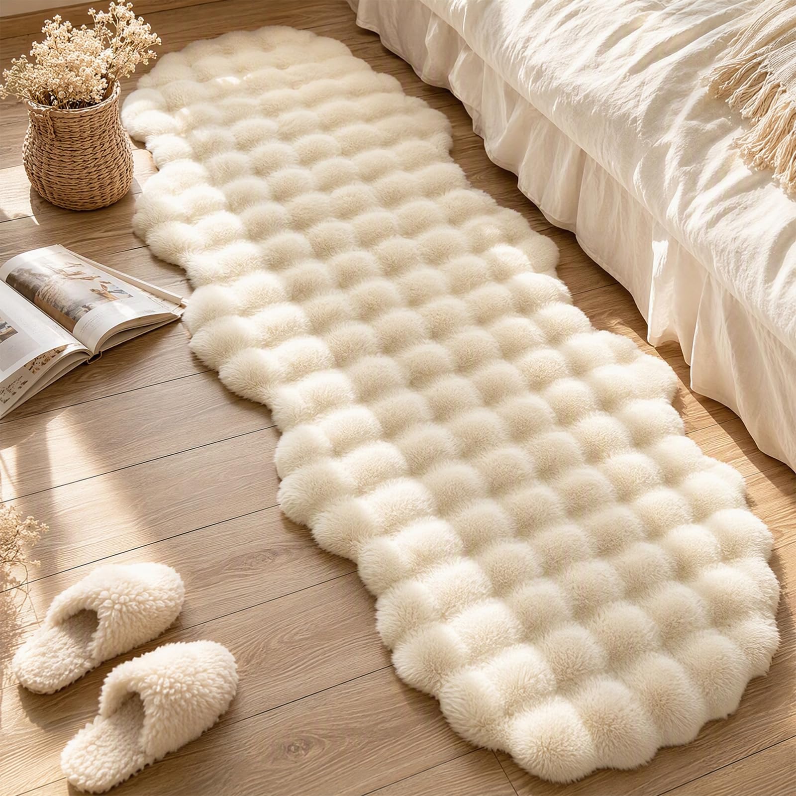 twirush Faux Rabbit Fluffy Fur Rugs for Bedroom, 60x120cm Short Plush Faux Fur Rugs, Super Soft Faux Bunny Area Rugs for bedroom, Washable Non Slip Soft Bedside Carpet (Beige)