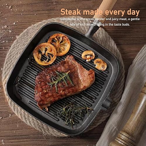 Miniatura 5 de Olla de hierro fundido con mango de madera Sartén a rayas con costillas Fondo plano Cuadrado Hogar Sin Recubrimiento Antiadherente Saludable Para