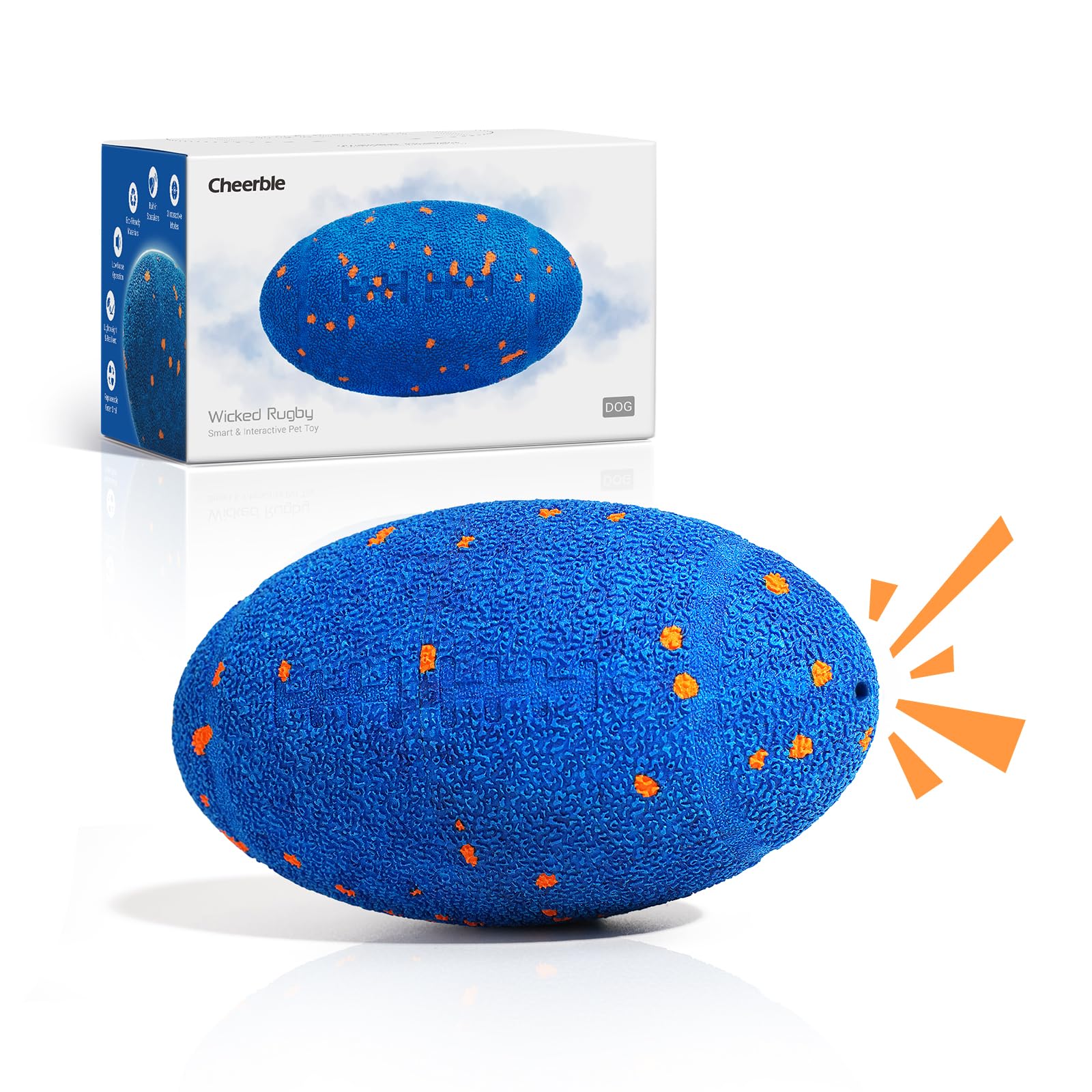 Cheerble 2026 Upgrade Squeaky Dog Toys - Wicked Ball Rugby, Interactive Dog Ball Toy with 3 Modes, E-TPU, USB-C Rechargeable, Auto Bouncing Moving Rotating Dog Ball for All Breeds - Blue