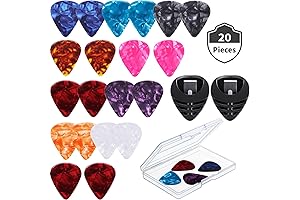 2 Black Stick-on Guitar Pick Holders and 20 Colorful Celluloid Guitar Picks with Storage Case