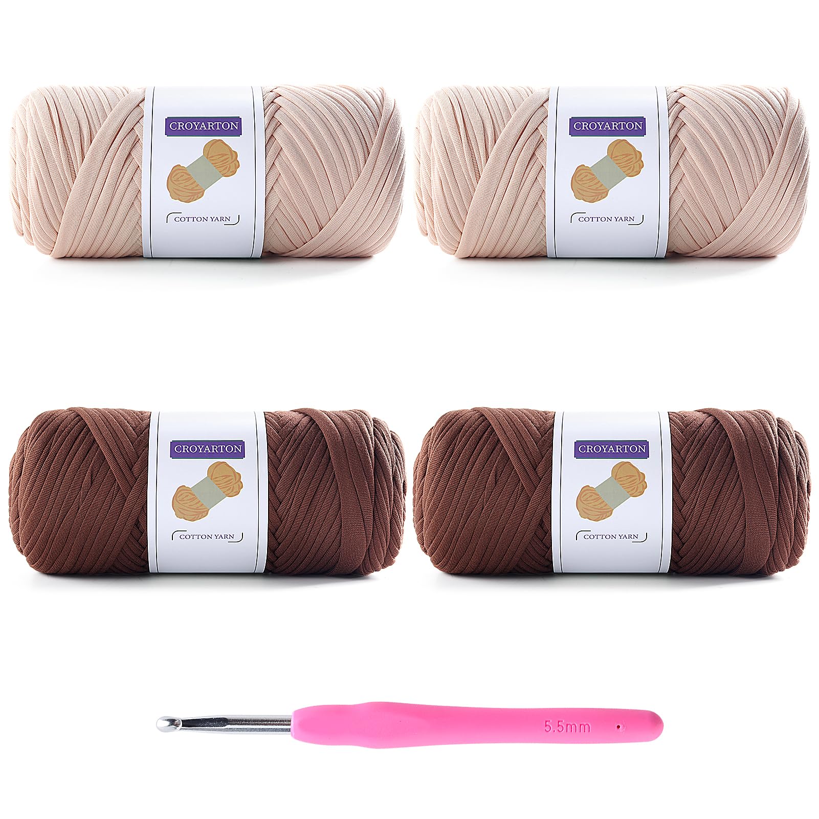 4 Pack Tshirt Yarn for Crocheting, Elastic T Shirt Spaghetti Thick Knitting Yarn Total Length 260 Yds for Crochet Bag Baskets Home Decor with 1 Crochet Hook (4-Beige+Coffee Color)