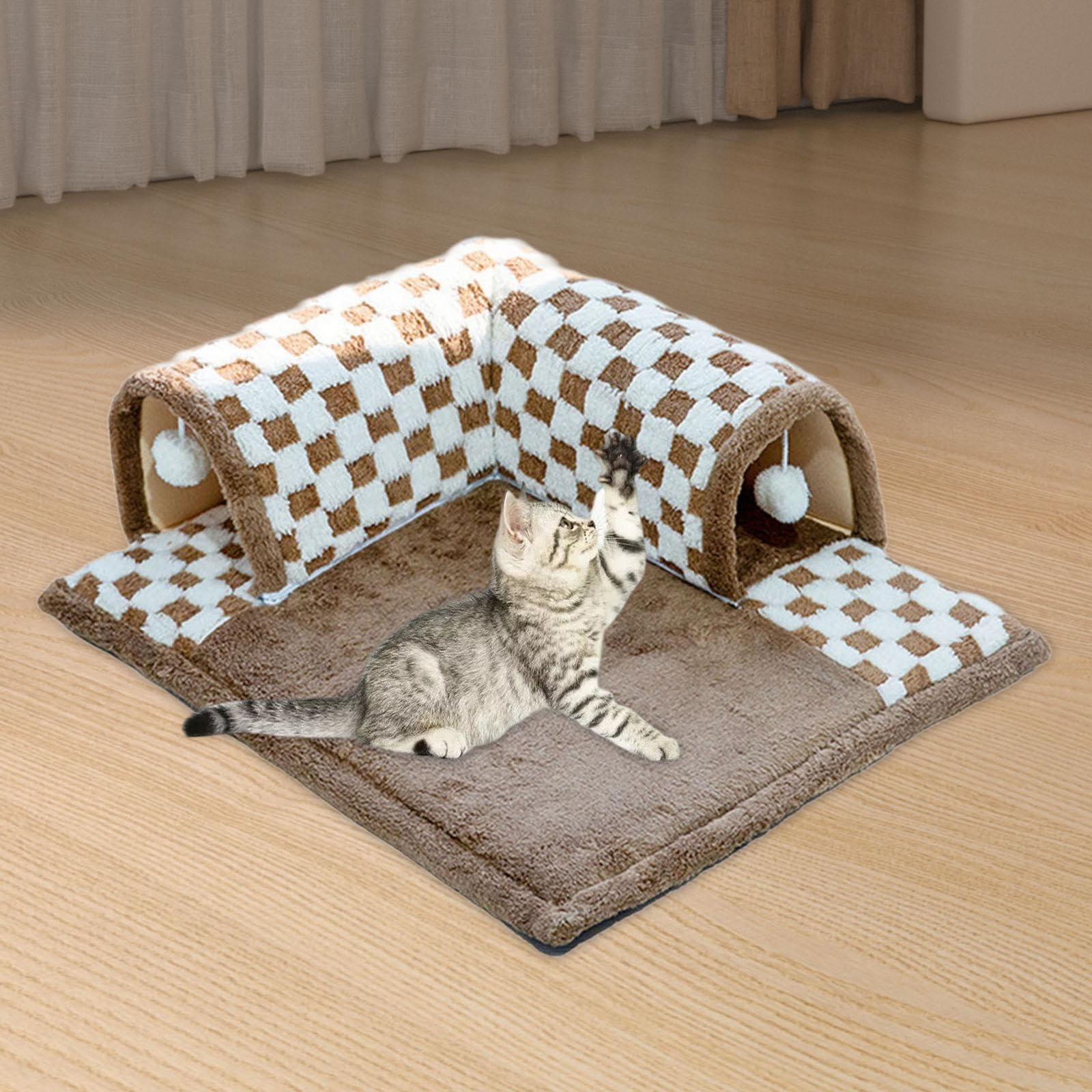 Tunnel pour Chats Tunnel Lit Jouet Balle Maison de Jeu Habitat Animaux Petits Tapis Amovible Pliable Douceur Convenable Chatons Lapins Intérieur, Marron M