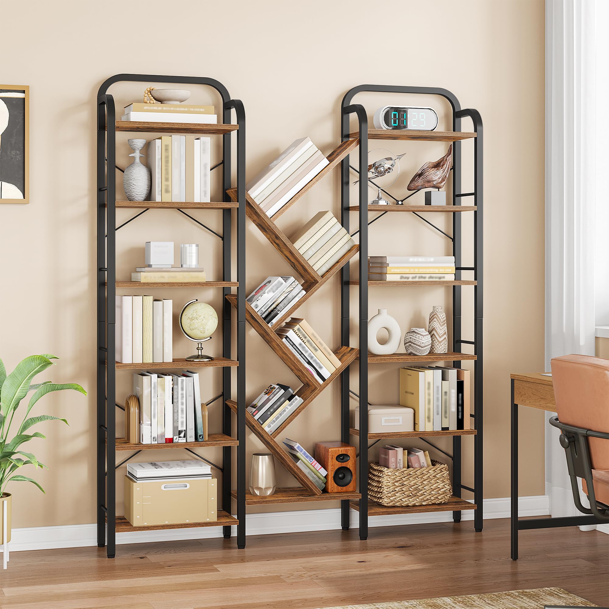 HEXCELEN Librería, Estantería de Árbol de 6 Niveles, Marrón Rústico y Negro | 18 Compartimentos, Estantería de Almacenamiento, Estantes Ajustable, 24 x 152 x 198,5 cm, para Estudio, Sala de Estar