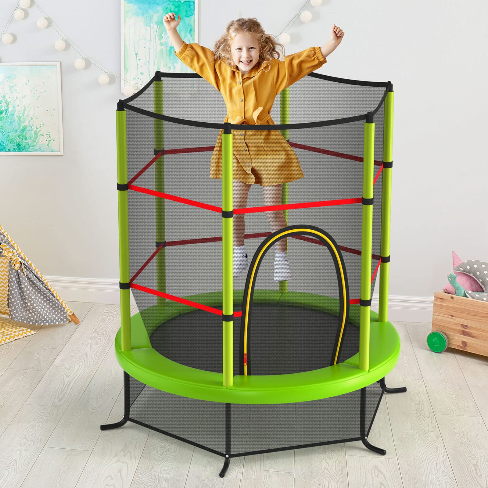 GOPLUS Trampoline Extérieur Enfant Ø165cm, Cadre en Acier, Trampoline pour Enfants avec Filet de Sécurité, Charge Maximum 45KG