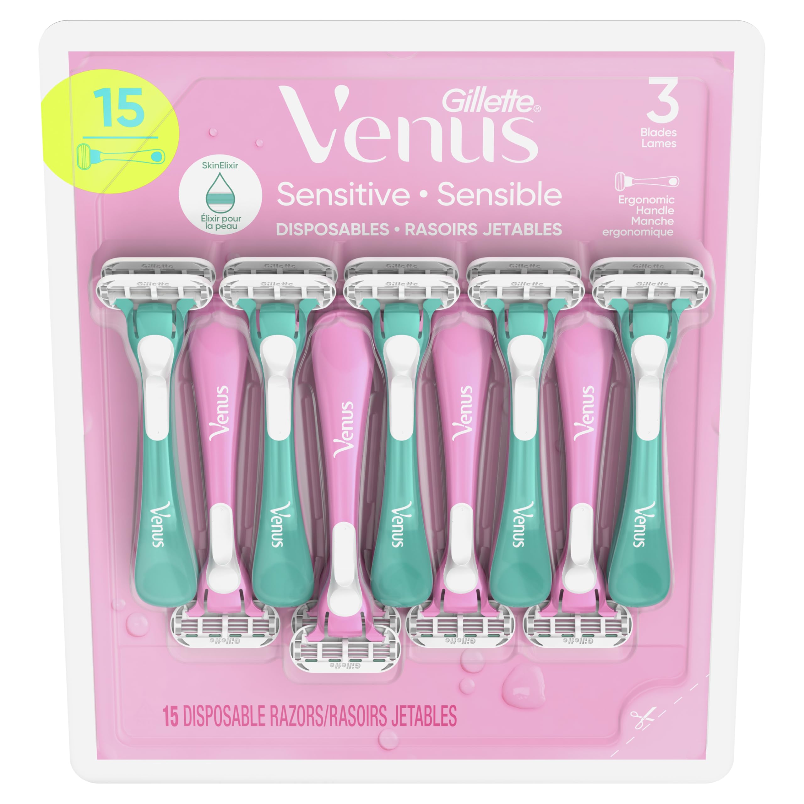 Gillette Venus Sensitive Disposable Razors for Women with Sensitive Skin, Delivers Close Shave with Comfort, 15 Count (Pack of 1)