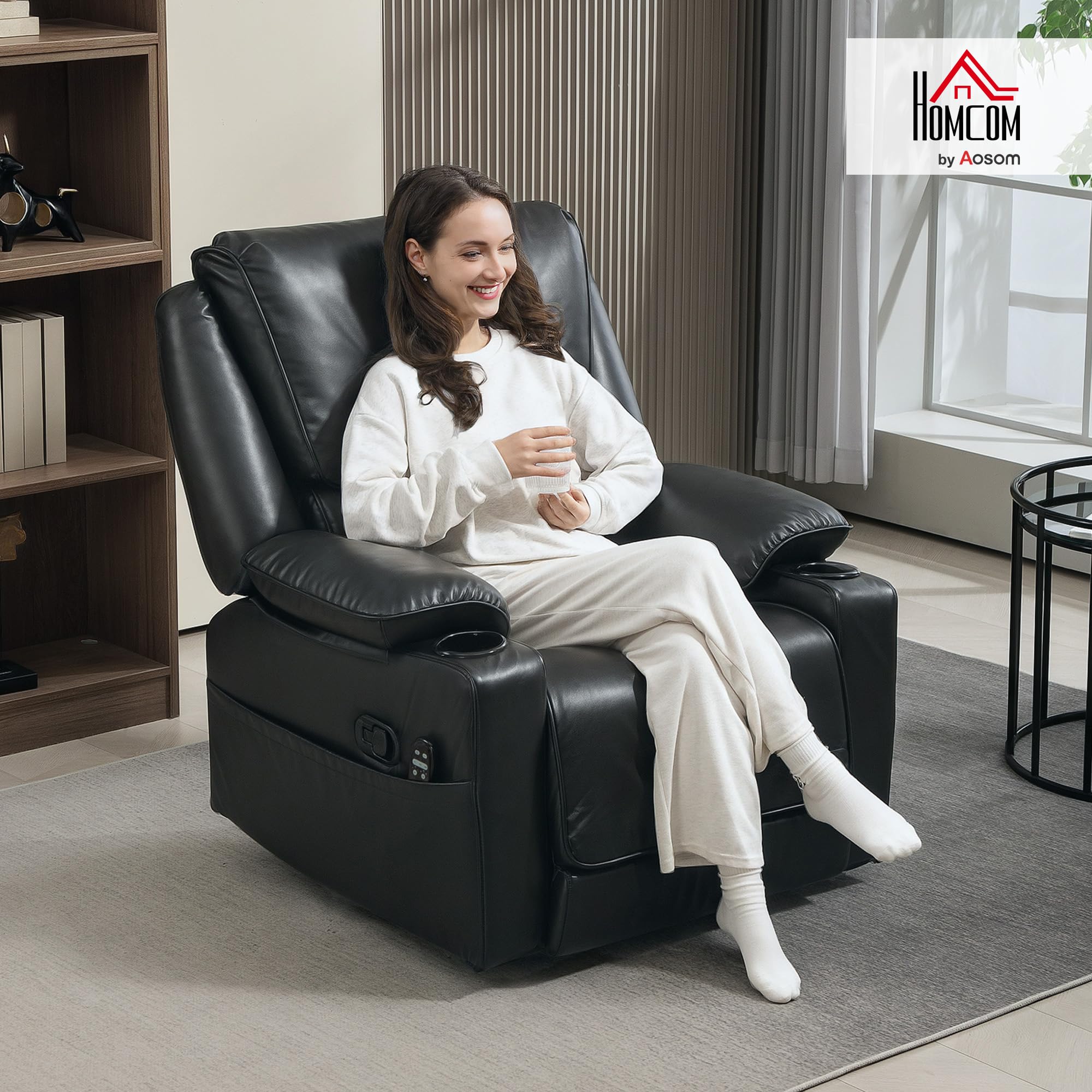 HOMCOM Recliner Chair With Massage & Heat - Oversized PU Swivel Rocker, Remote Control, Footrest, Cup Holders