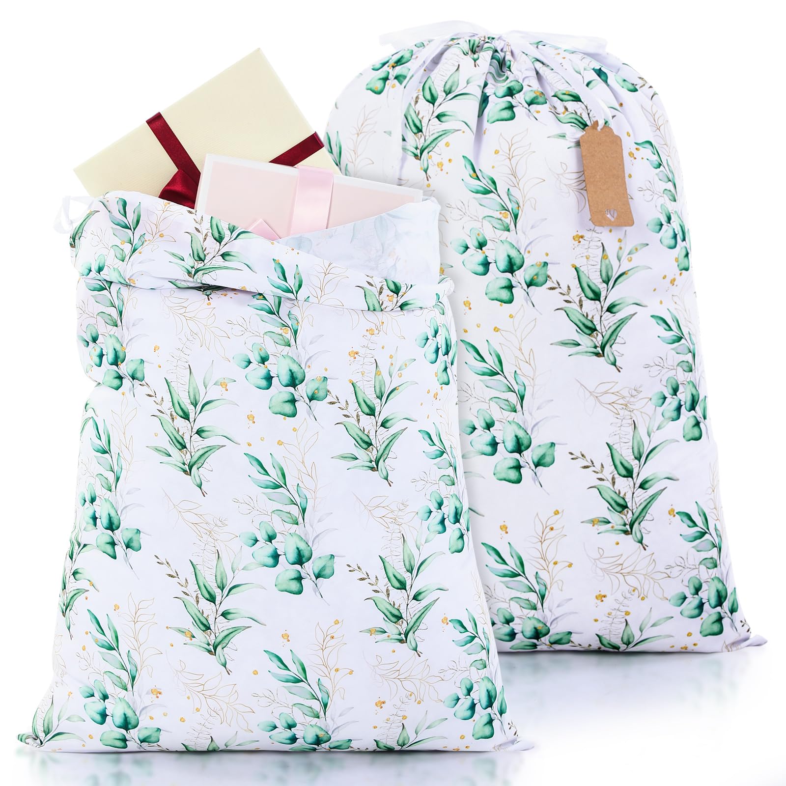 Extra Large Baby Shower Gift Bag – 70x40 Inch Sage Green Eucalyptus “Oh Baby” Plastic Bag With Tag & Tie