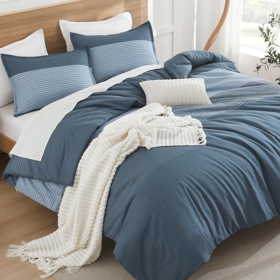 Litanika Haze Blue Comforter Set King - 3 Pieces Lightweight Haze Blue White Colorblock Stripe Fluffy Bedding Comforter Sets, All Season Bed Set
