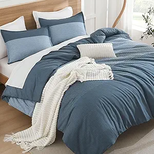 Litanika Haze Blue Comforter Set King - 3 Pieces Lightweight Haze Blue White Colorblock Stripe Fluffy Bedding Comforter Sets, All Season Bed Set
