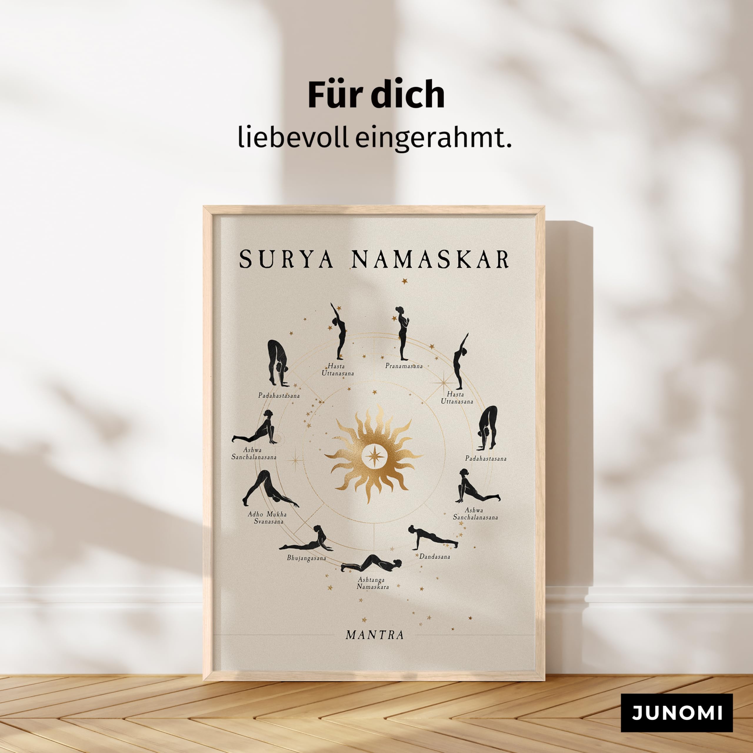 JUNOMI® Sonnengruß Poster DIN A2 Rahmen Natur | Yoga Sonnengruß | Boho Wanddeko fürs Yogastudio und Schlafzimmer, der vollständige Ablauf im Kreis um eine goldene Sonne