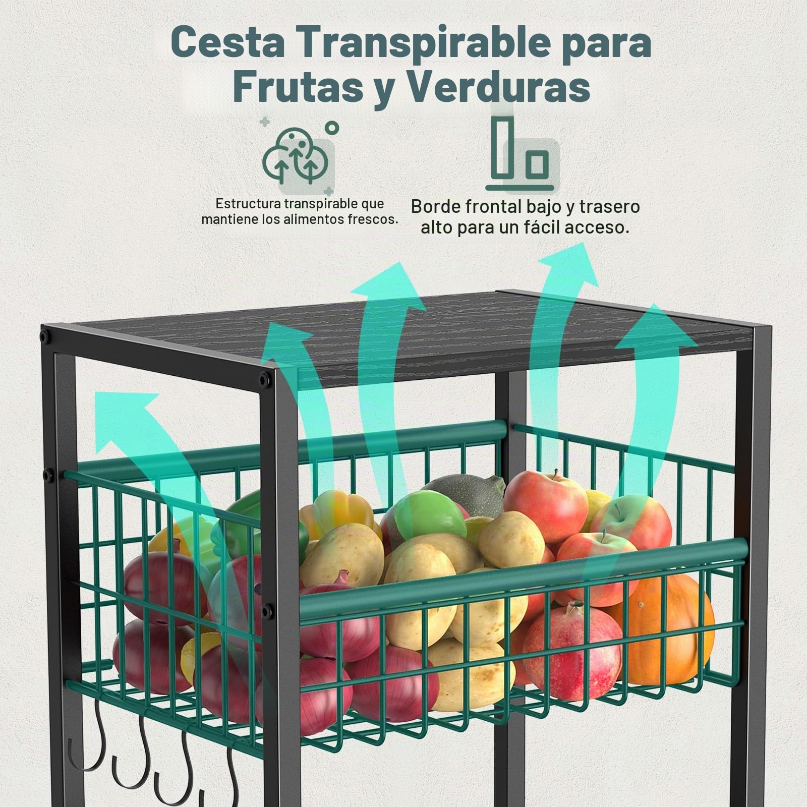Housolution Carro Rodante de Cocina de 5 Niveles, Carrito con Cesta Metálica y Organizador Extraíble para Tabla de Cortar y Tapa de Olla, Estantería con Tapa de Madera para Cocina, Despensa, Baño