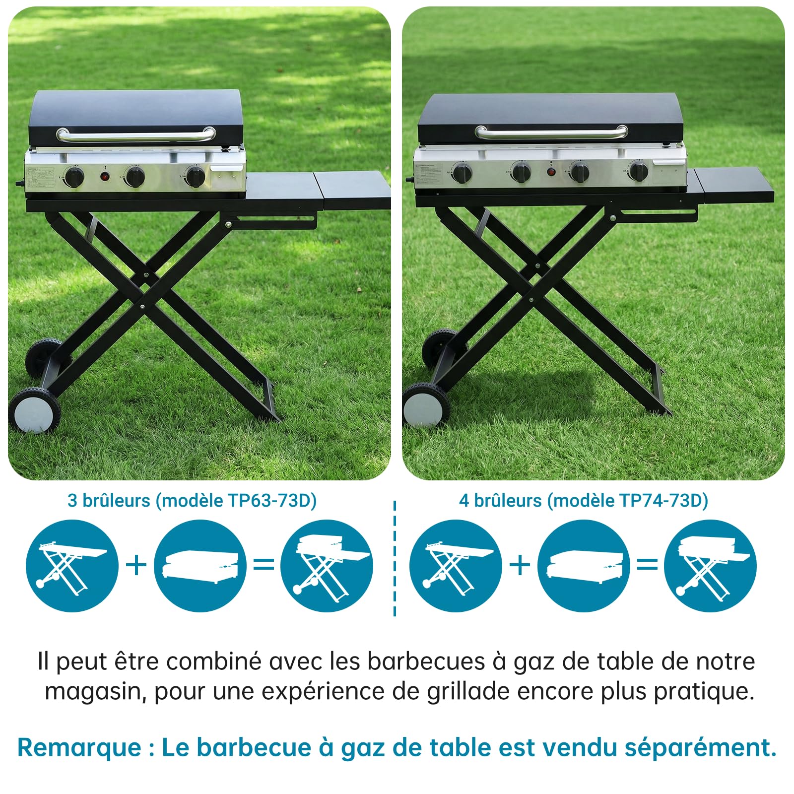 LIFERUN Chariot de Barbecue Pliable avec 2 Roues,Table Pliante Portable avec Tablette Latérale Amovible,Support Stable de Cuisson d'Extérieur pour Plancha,pour Camping,Jardin,Terrasse,102x39cm,Noir