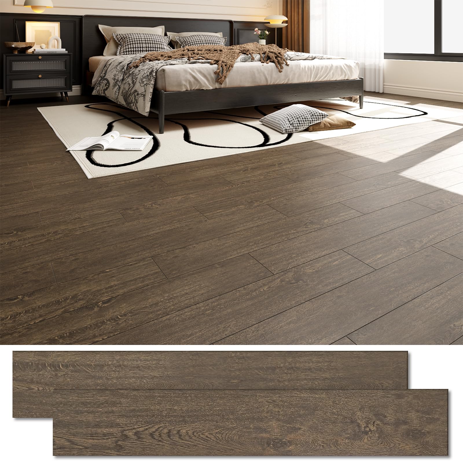 Photo 1 of 54 Sq.Ft. Peel and Stick Vinyl Floor Tiles 36" x 6" Wood Look Planks, 36 Pack Waterproof Self-Adhesive Flooring Tiles, DIY for Renter, Kitchen, Living Room, RV, Light Brown