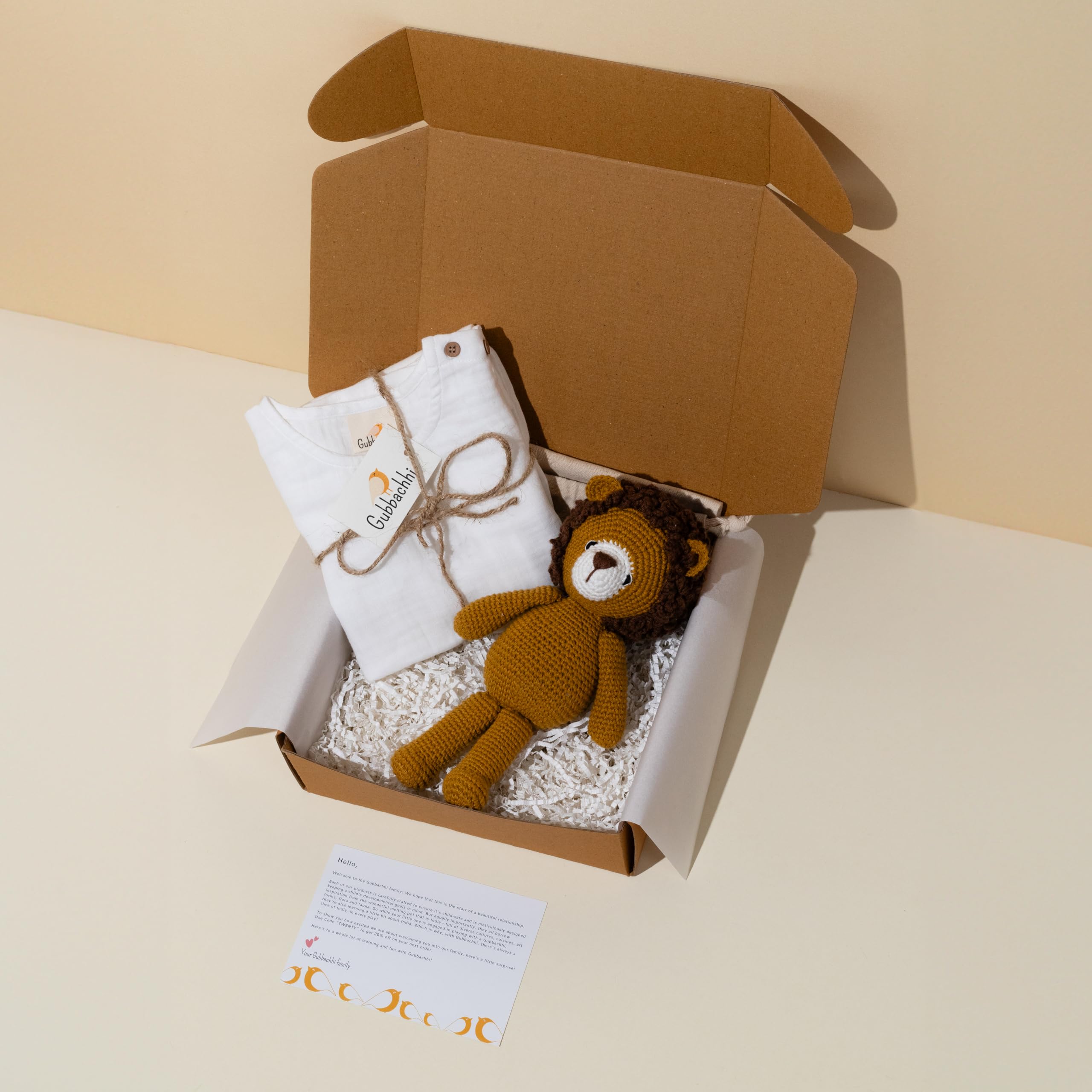 Gubbachhi Simha Soft Toy with Cream Pajama Gift Set | Crochet Toy and Muslin Pajama Combo | Gifting for Toddlers & Children | 100% Muslin Pajama Set | Birthday Gift | Toy for Gifting (3-4 Years)