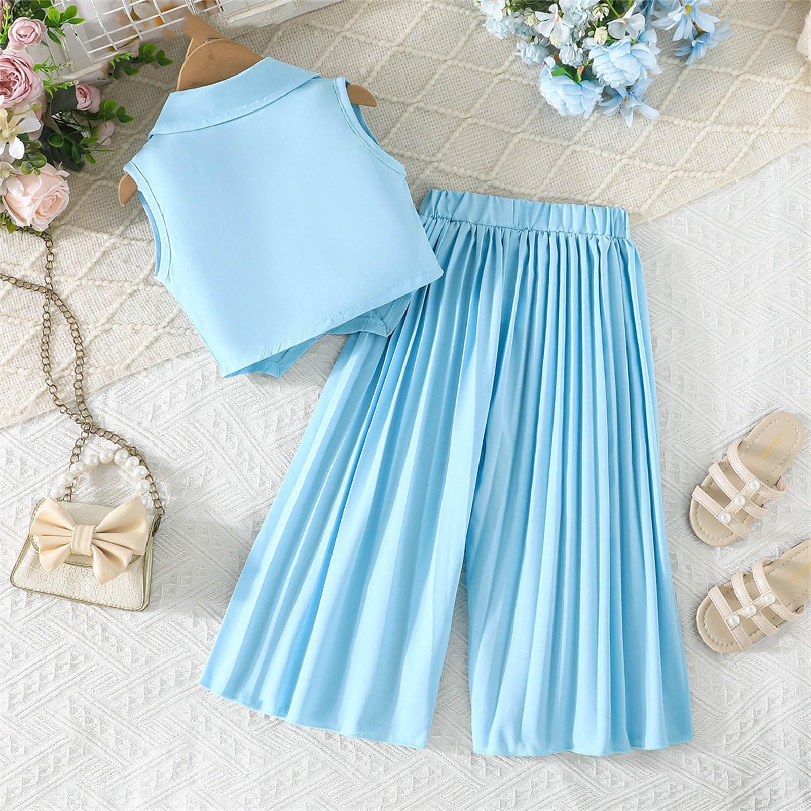XINYUNZU Mädchen Anzug Set Hosenanzug Weite Hose und Ärmellose Blazer Set Leichte Sommerhose mit Sommer Top Mode Outfit 2-Teilig Kleidung Kinder Freizeitanzug Kinderkleidung 2-9 Jahre