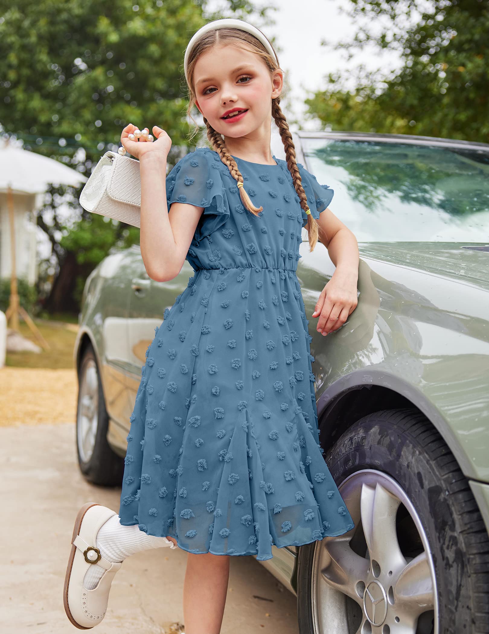 Flypigs Abiti da Bambina a Maniche Corte Abito da Principessa per Ragazza A-Line Elegante Abito da Sposa per Feste Tinta Unita Completi Scolastici Abbigliamento per Bambine 3-12 Anni