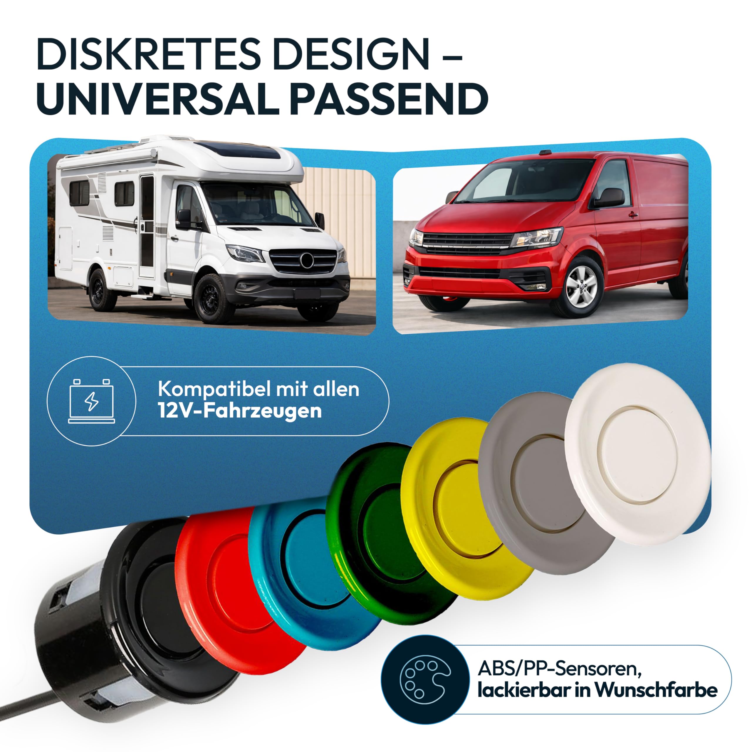 VSG24 Echo Plus Einparkhilfe Set vorne & hinten mit Display & 8 Sensoren – robuste Parkhilfe für Fahrzeuge, Wohnmobil & Transporter – LED-Anzeige & akustischer Warner – bis 12 m – 12V PDC Nachrüstset